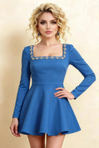 Aurora Royal Blue Long Sleeve Square Neck Mini Dress with Rhinestones