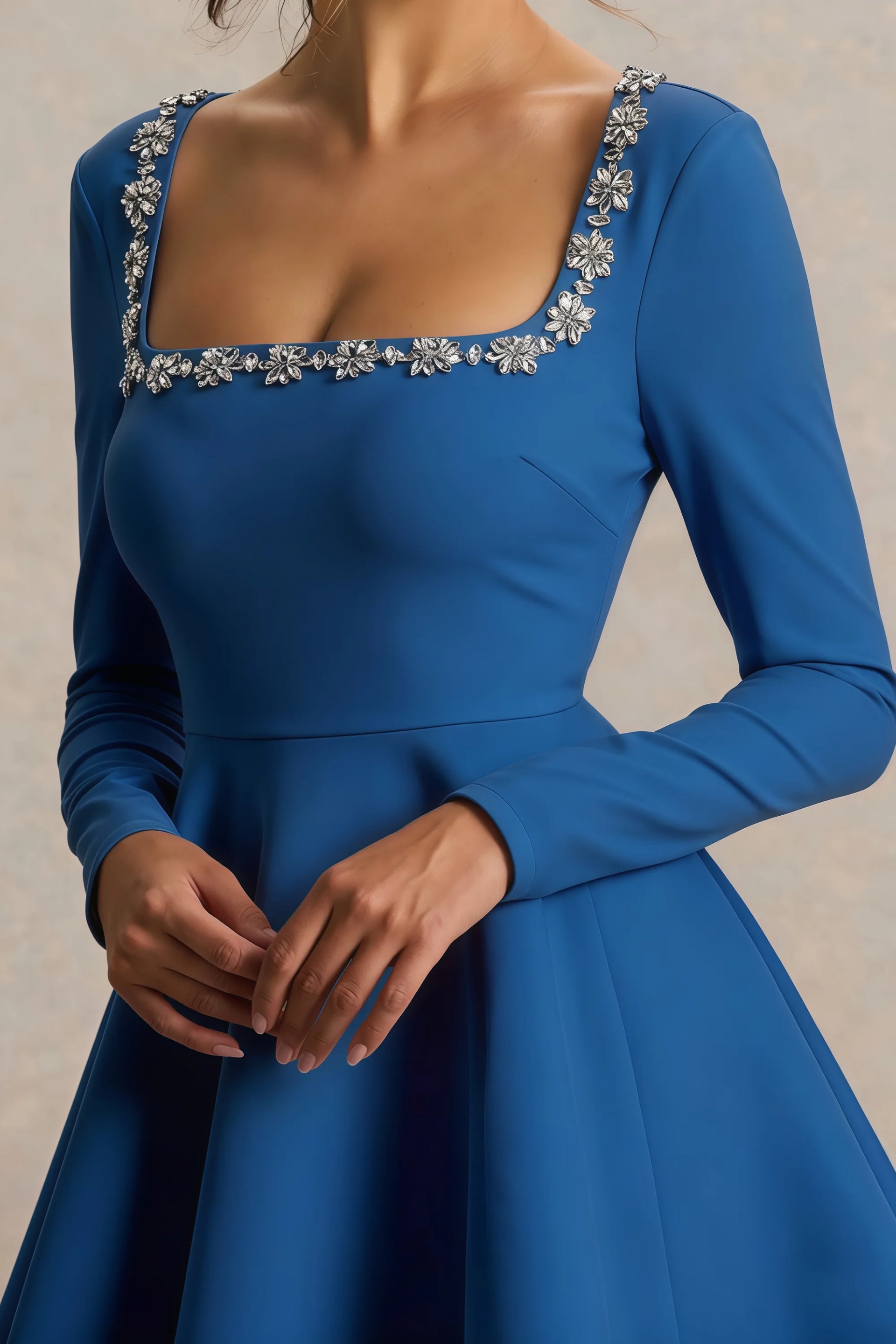Aurora Royal Blue Long Sleeve Square Neck Mini Dress with Rhinestones