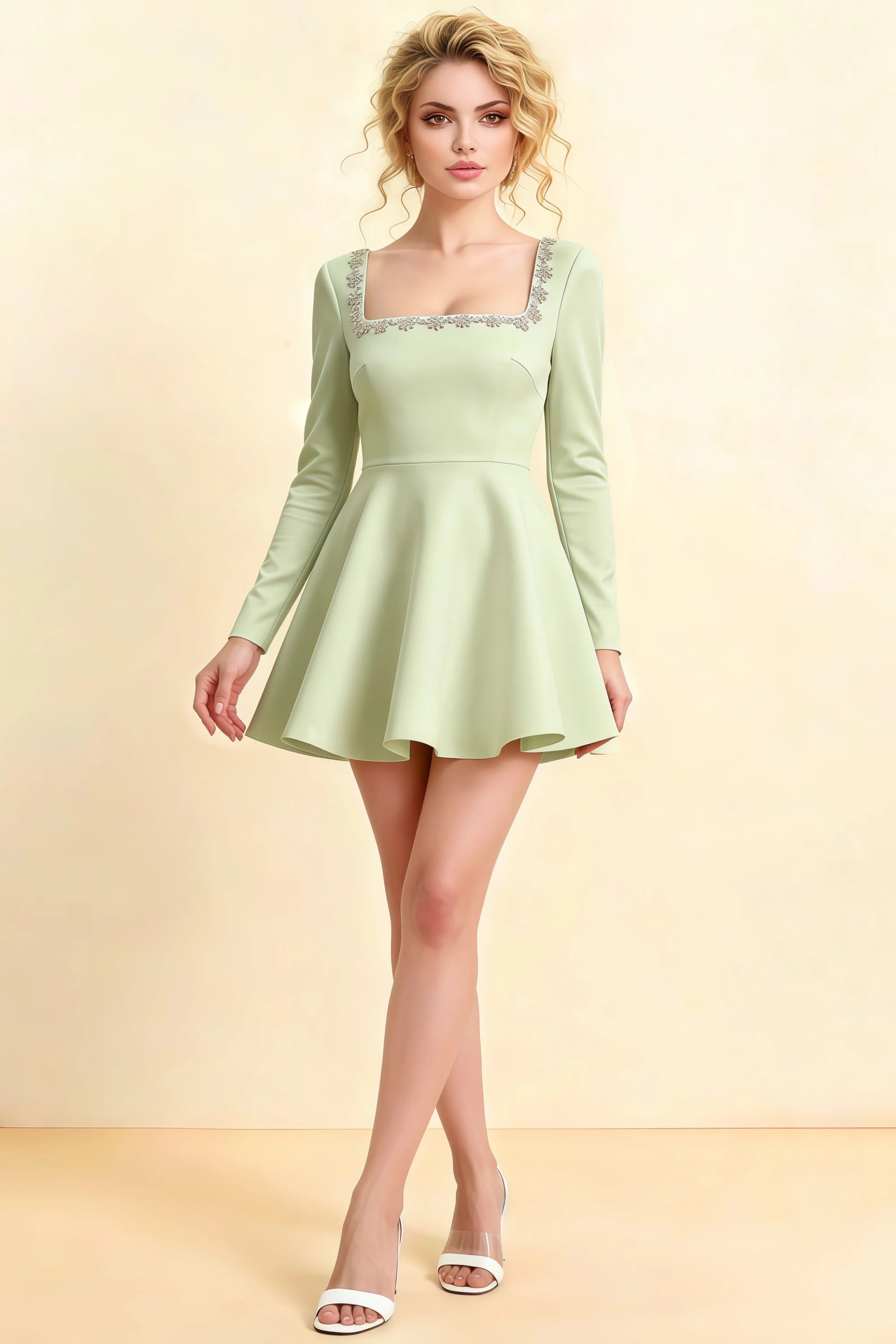 Aurora Sage Green Long Sleeve Square Neck Mini Dress with Rhinestones Main image
