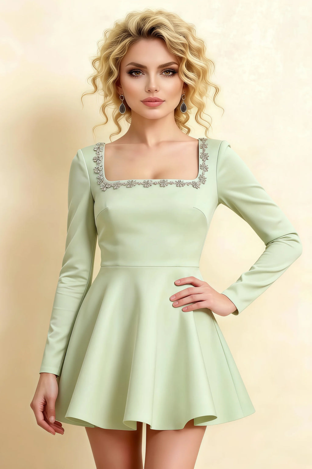 Aurora Sage Green Long Sleeve Square Neck Mini Dress with Rhinestones