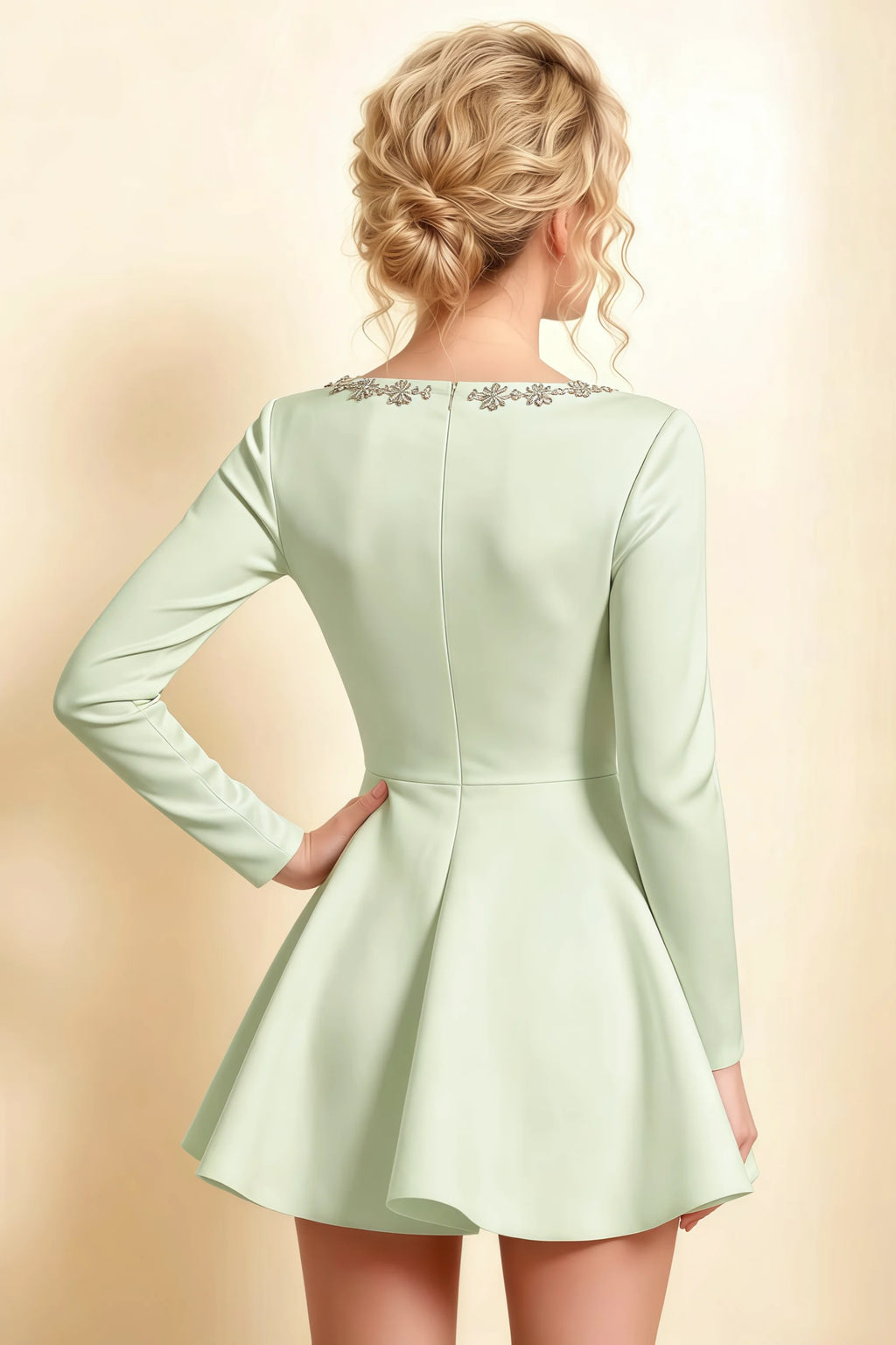 Aurora Sage Green Long Sleeve Square Neck Mini Dress with Rhinestones
