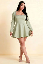 Aurora Sage Green Long Sleeve Square Neck Mini Dress with Rhinestones