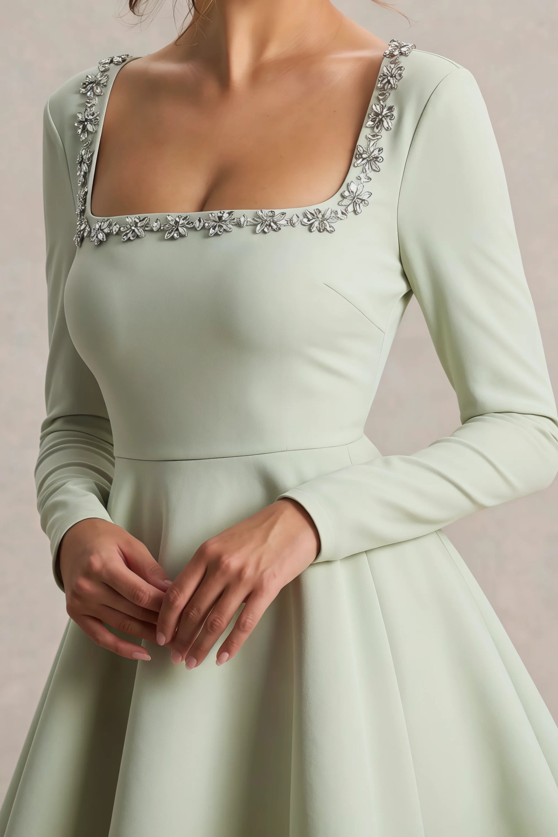 Aurora Sage Green Long Sleeve Square Neck Mini Dress with Rhinestones