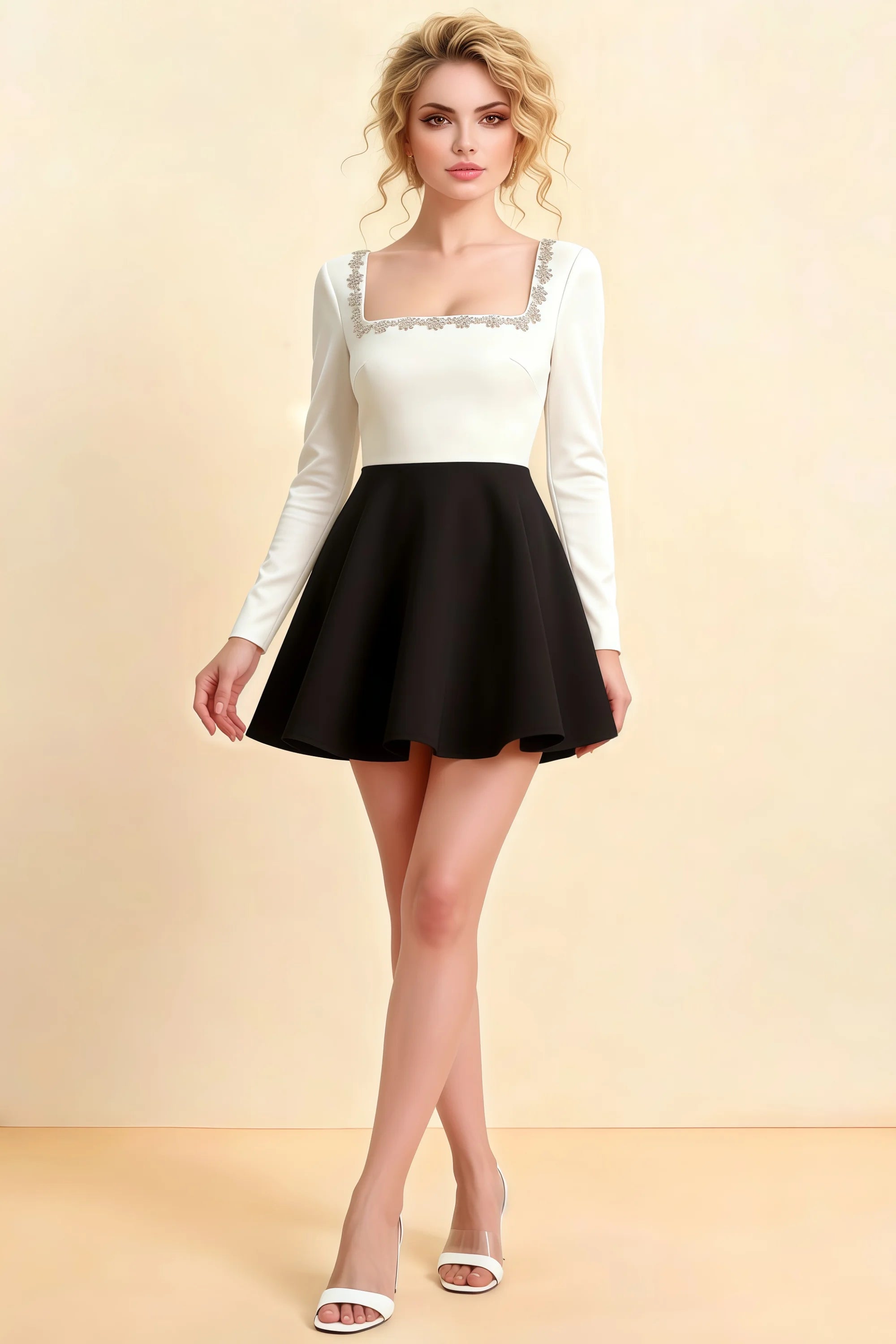 Aurora White and Black Long Sleeve Square Neck Mini Dress with Rhinestones Main image