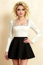 Aurora White and Black Long Sleeve Square Neck Mini Dress with Rhinestones