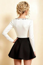 Aurora White and Black Long Sleeve Square Neck Mini Dress with Rhinestones