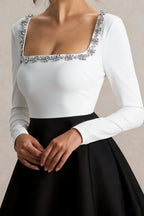 Aurora White and Black Long Sleeve Square Neck Mini Dress with Rhinestones