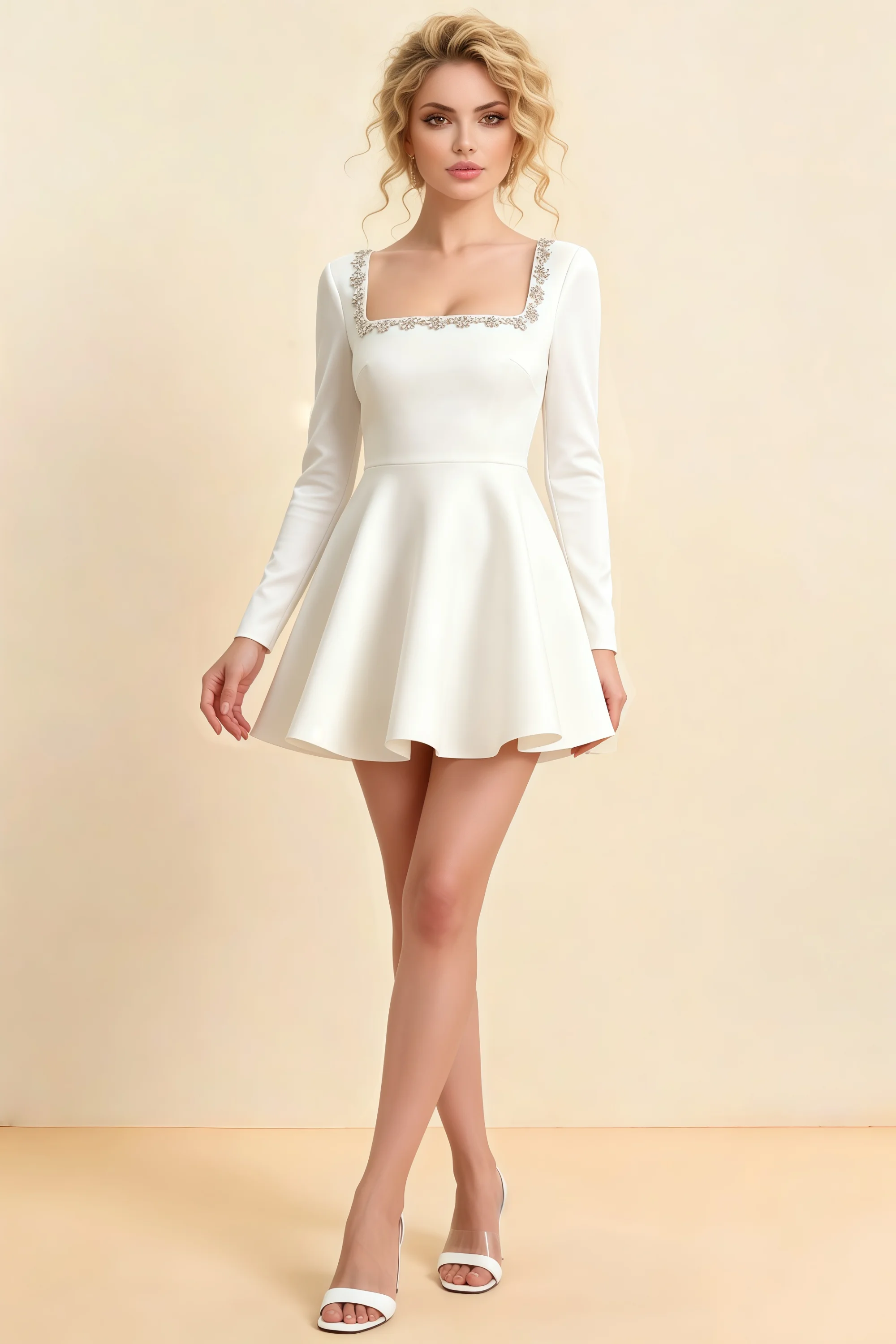 Aurora White Long Sleeve Square Neck Mini Dress with Rhinestones Main image