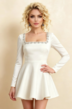 Aurora White Long Sleeve Square Neck Mini Dress with Rhinestones