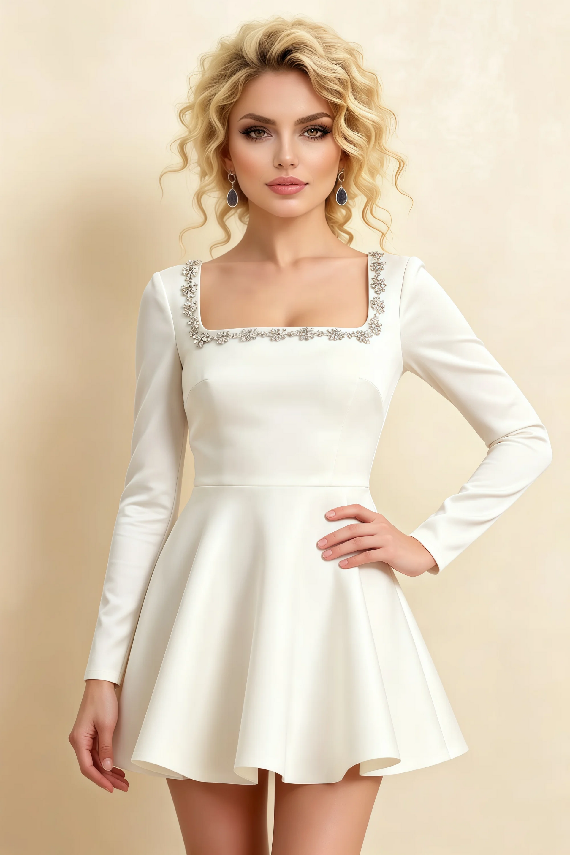 Aurora White Long Sleeve Square Neck Mini Dress with Rhinestones