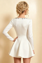 Aurora White Long Sleeve Square Neck Mini Dress with Rhinestones