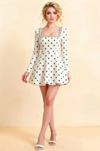 Aurora White Polka Dot Long Sleeve Square Neck Mini Dress with Rhinestones