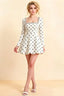 Aurora White Polka Dot Long Sleeve Square Neck Mini Dress with Rhinestones
