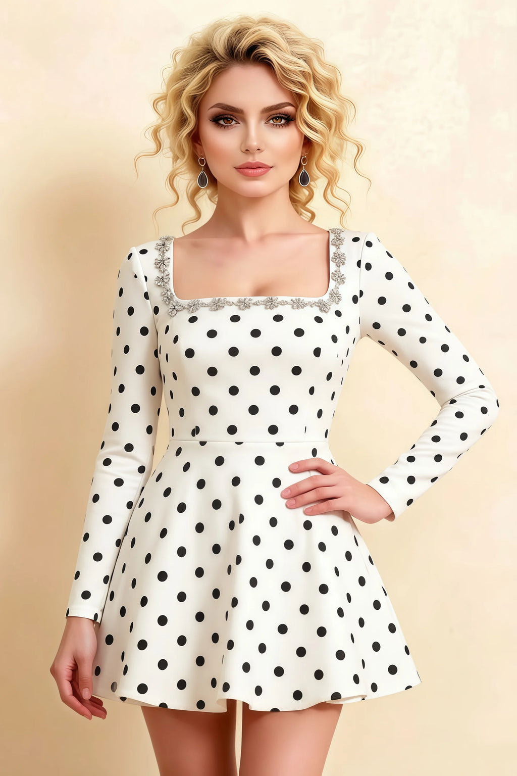 Aurora White Polka Dot Long Sleeve Square Neck Mini Dress with Rhinestones
