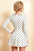 Aurora White Polka Dot Long Sleeve Square Neck Mini Dress with Rhinestones