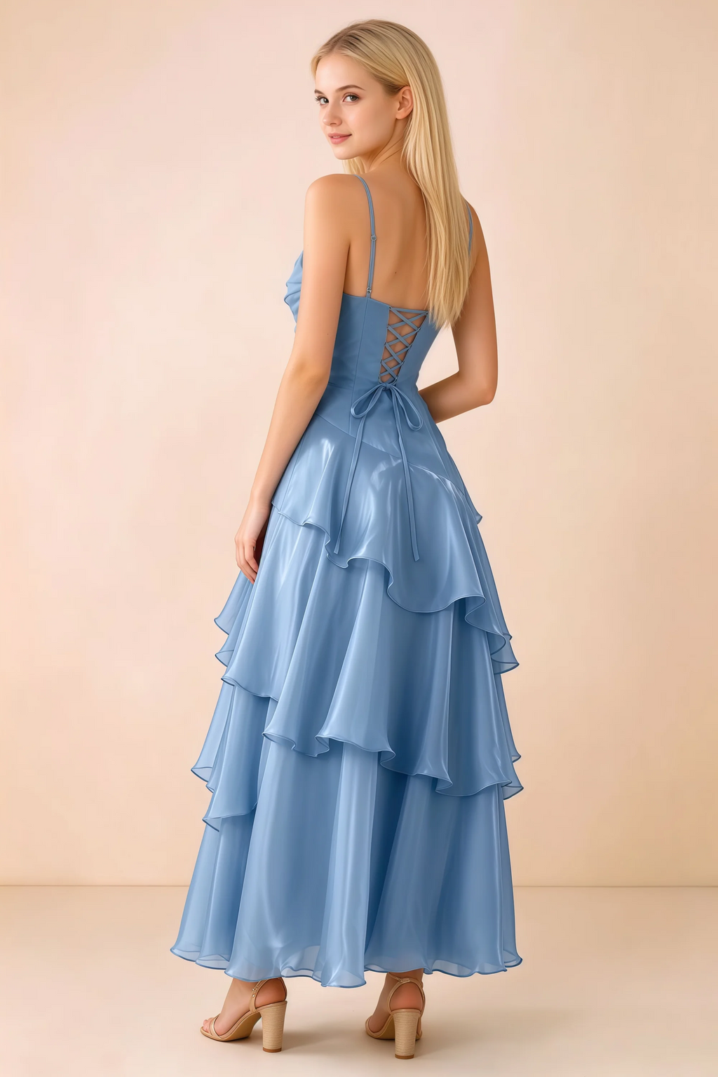 Back view of Ava baby blue tiered ruffle dress showing fine shoulder straps and crossed back lacing