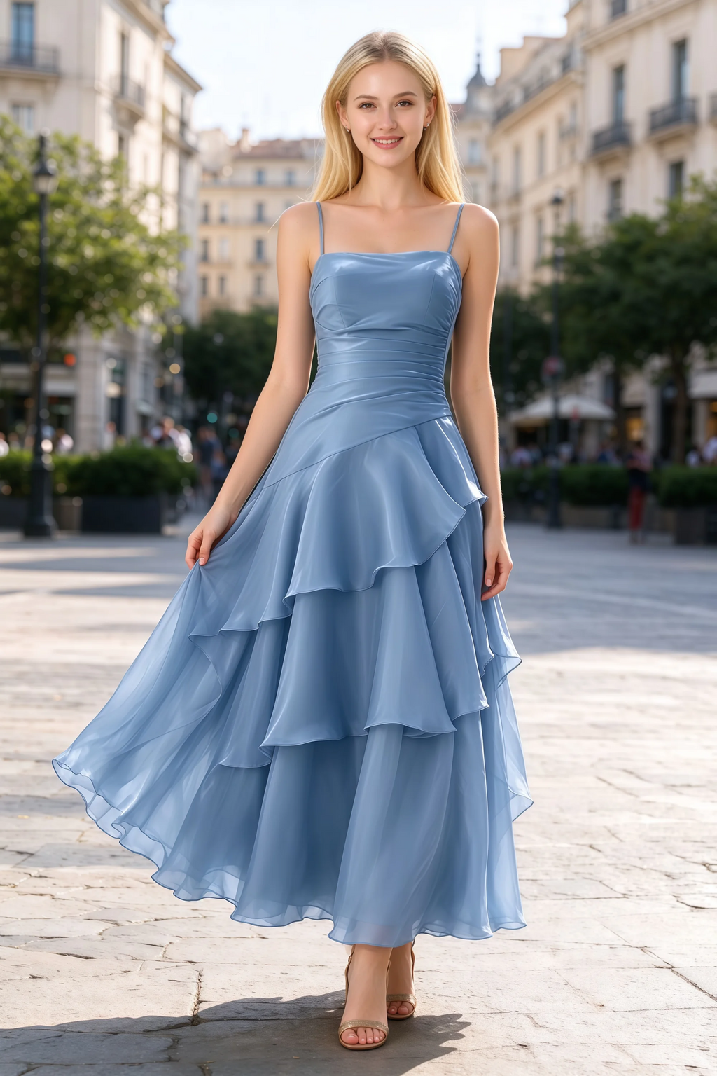 Ava baby blue chiffon ruffle maxi dress shown from the front on a paved city walkway