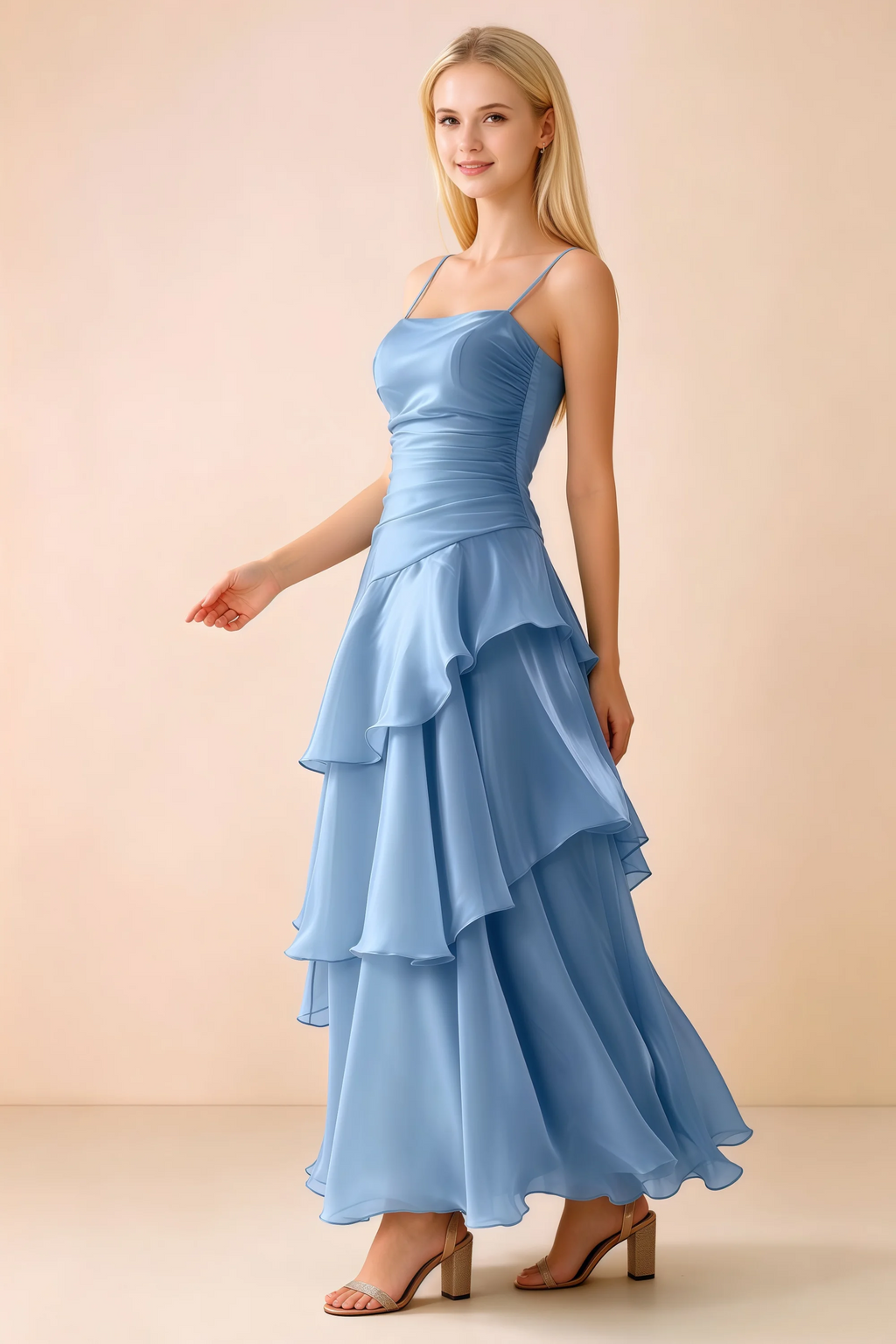 Side view of Ava baby blue maxi dress showing the fitted waist and flared ruffle skirt