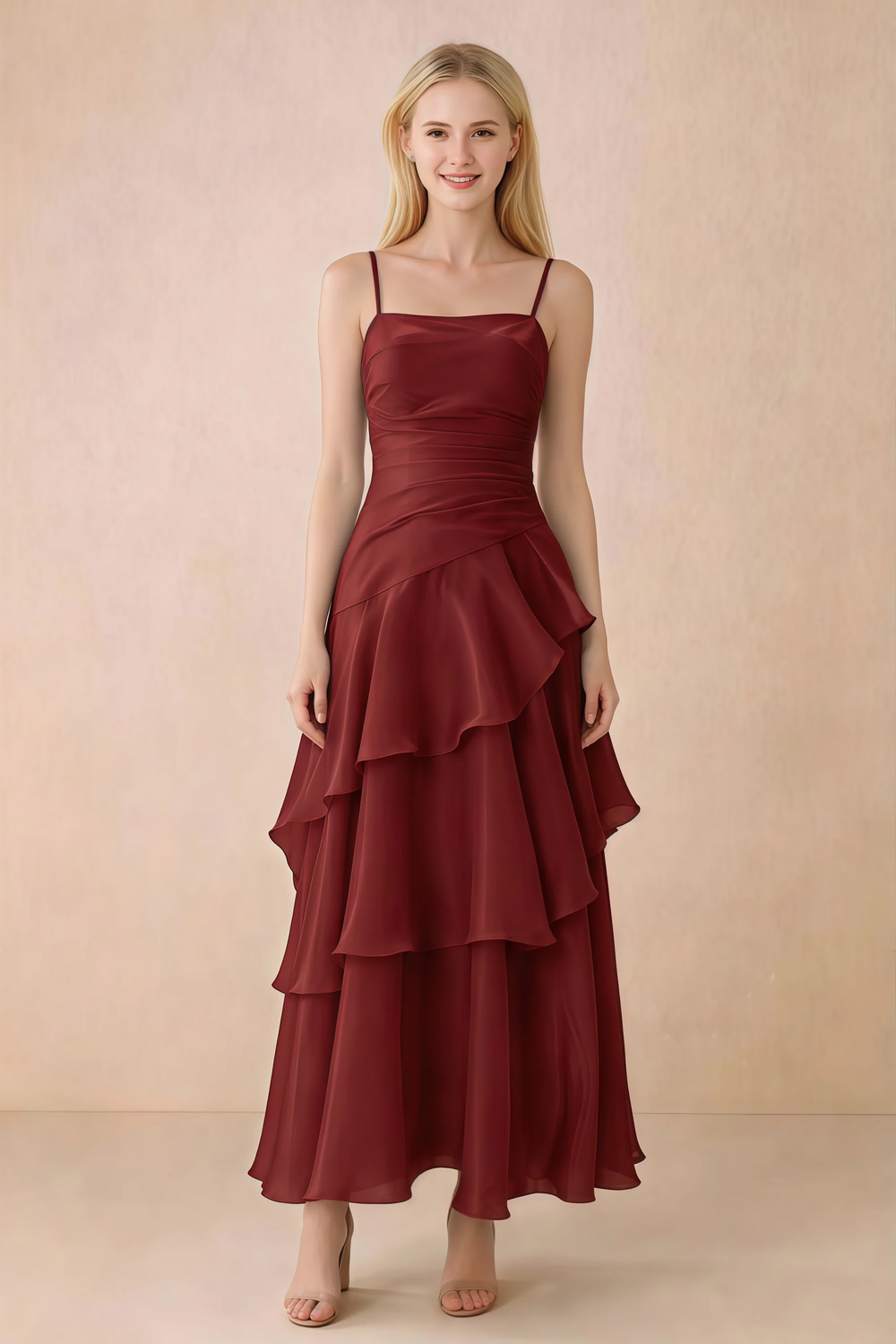 Translation missing: en.Front view of Ava burgundy chiffon maxi dress with thin straps, a fitted bodice and cascading ruffle tiers content.product_image_main