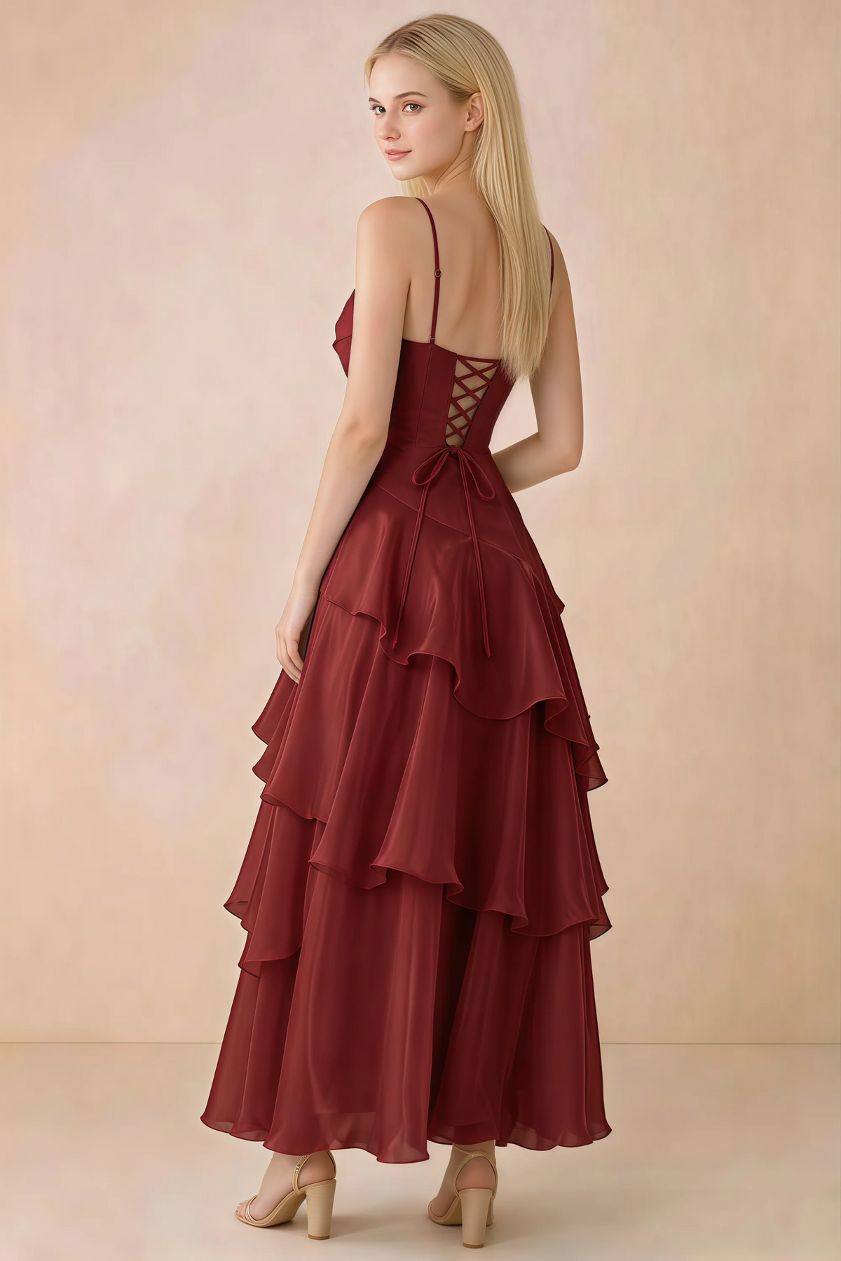 Back view of Ava burgundy tiered ruffle dress showing fine shoulder straps and crossed back lacing