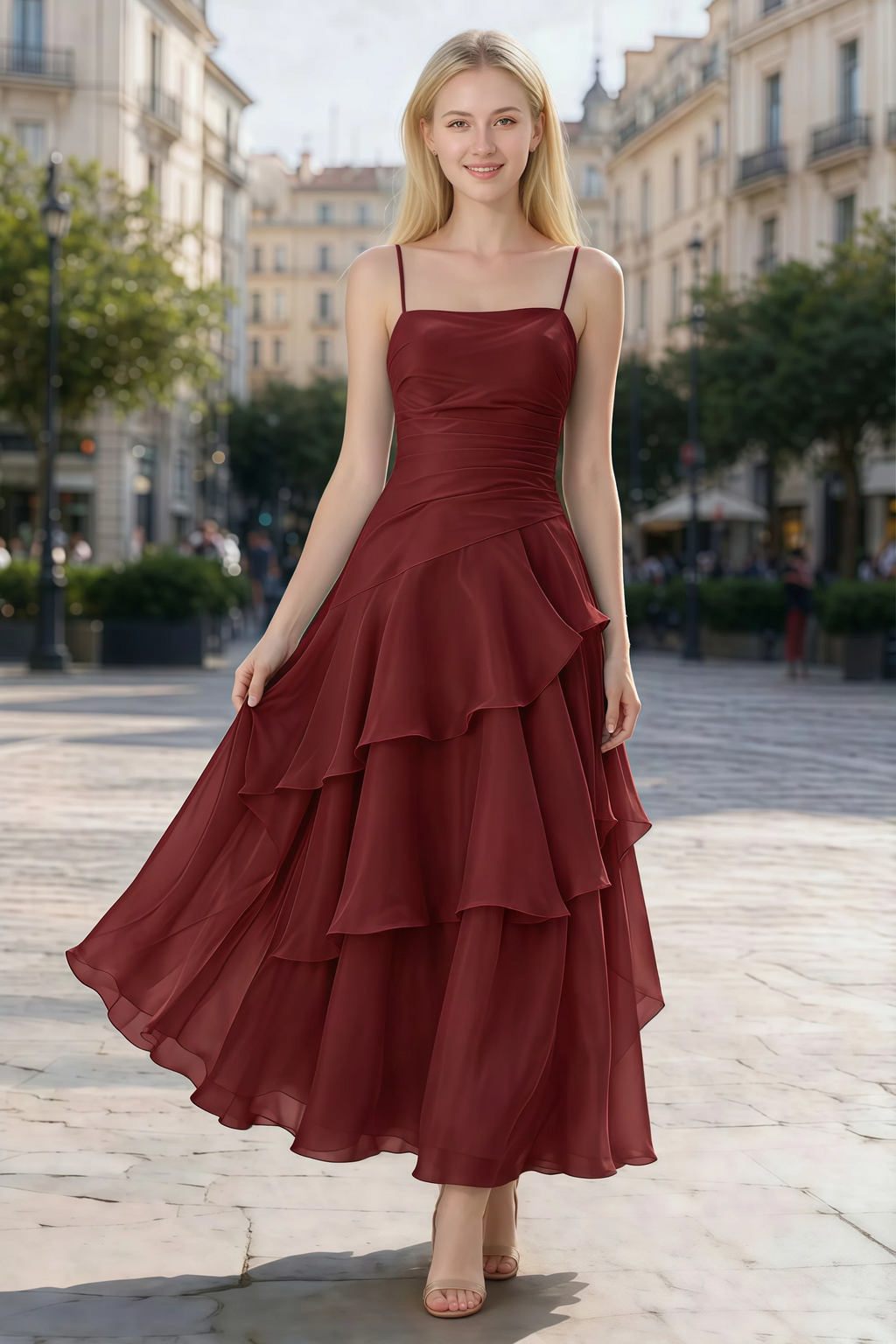 Ava burgundy chiffon ruffle maxi dress shown from the front on a paved city walkway