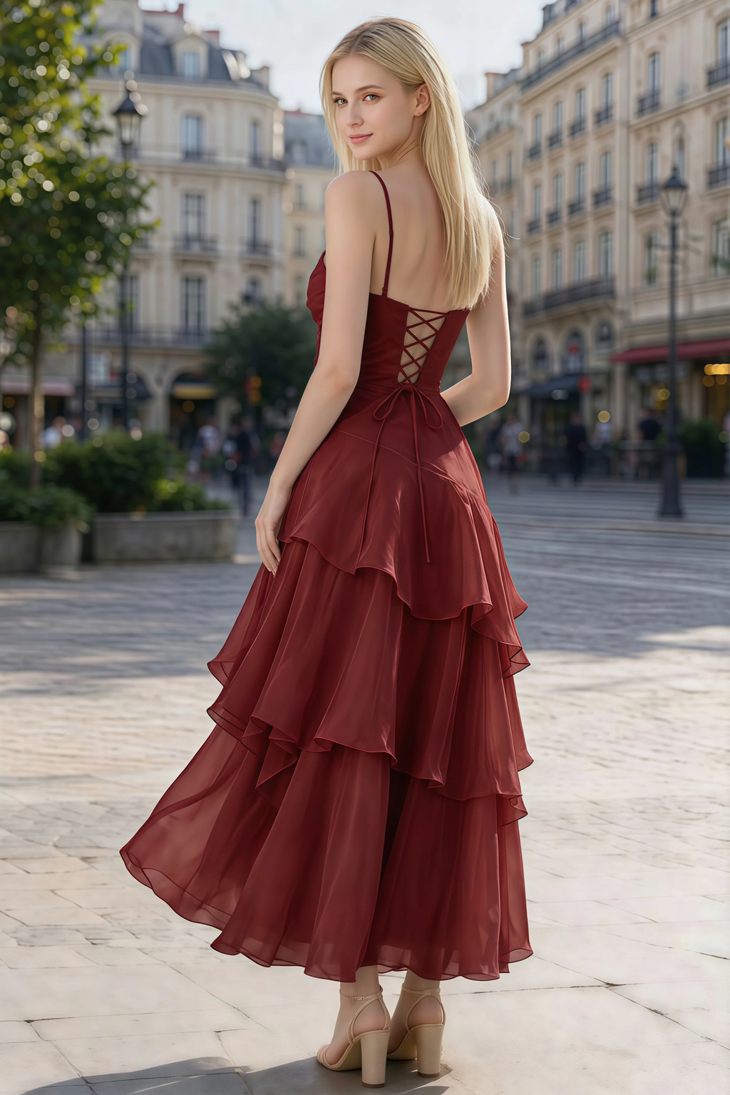 Rear outdoor view of Ava burgundy dress showing the lace-up back and layered skirt in motion