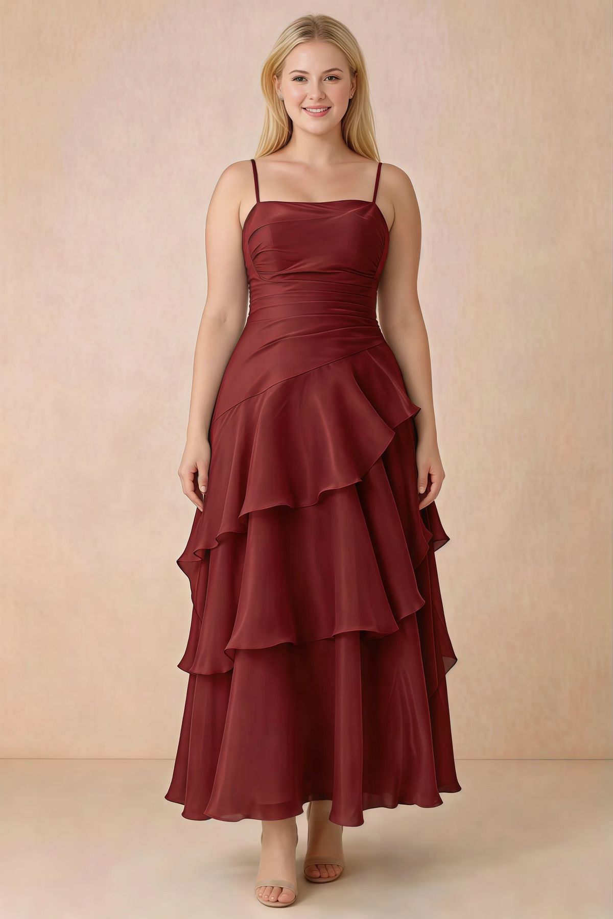 Front studio view of Ava burgundy ruffle dress with a straight neckline and gathered waist