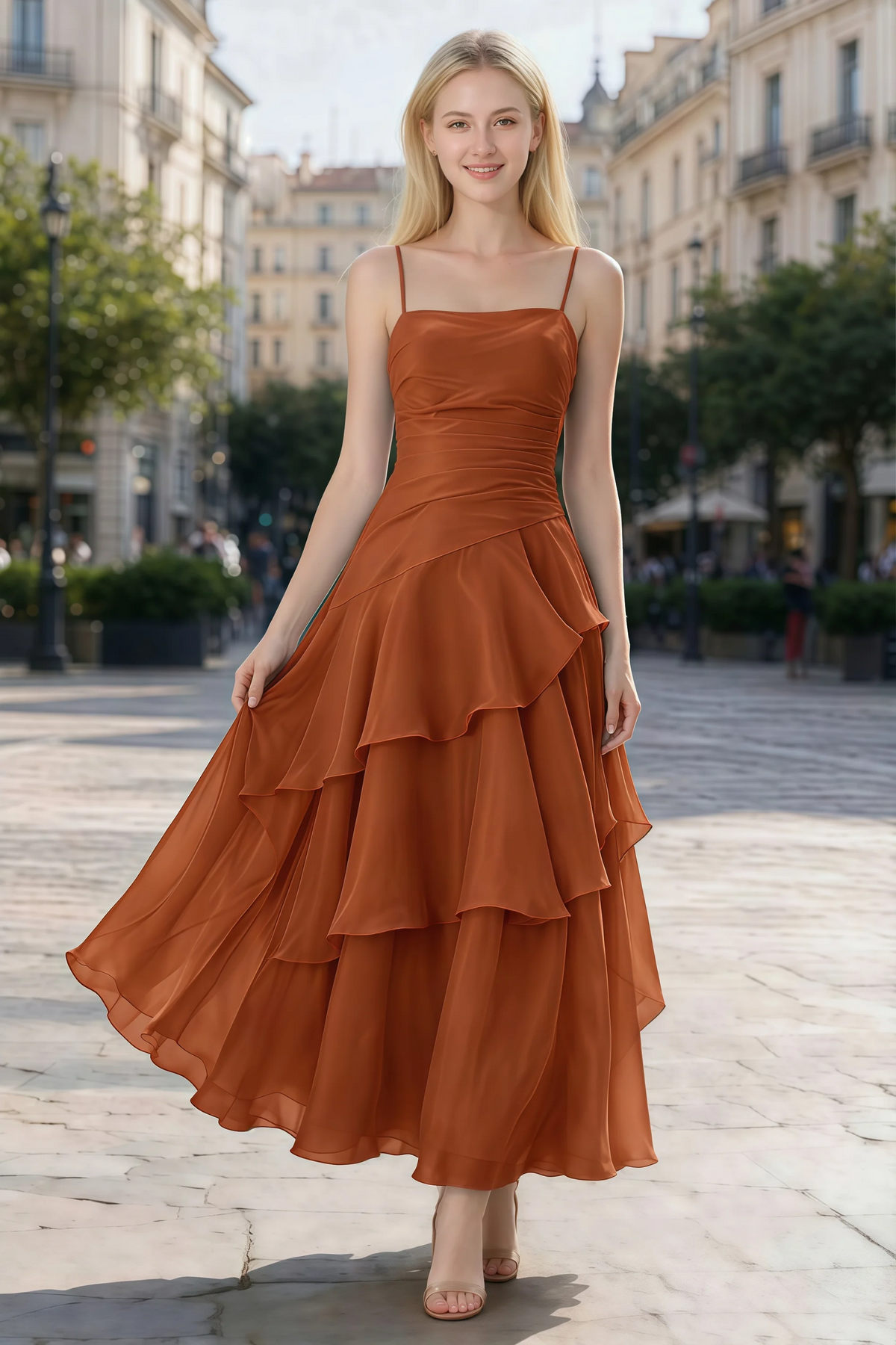 Ava burnt orange chiffon ruffle maxi dress shown from the front on a paved city walkway