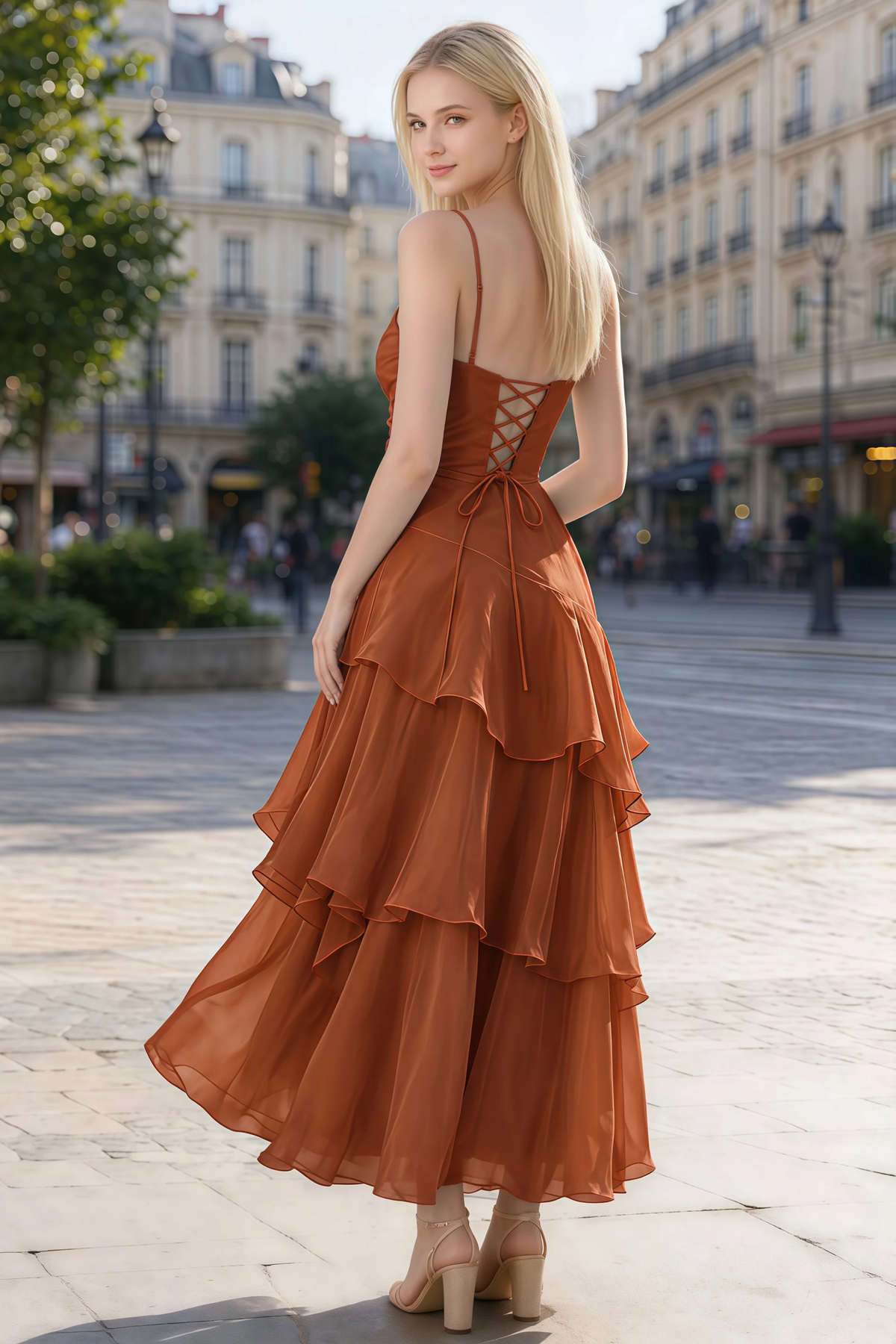 Rear outdoor view of Ava burnt orange dress showing the lace-up back and layered skirt in motion
