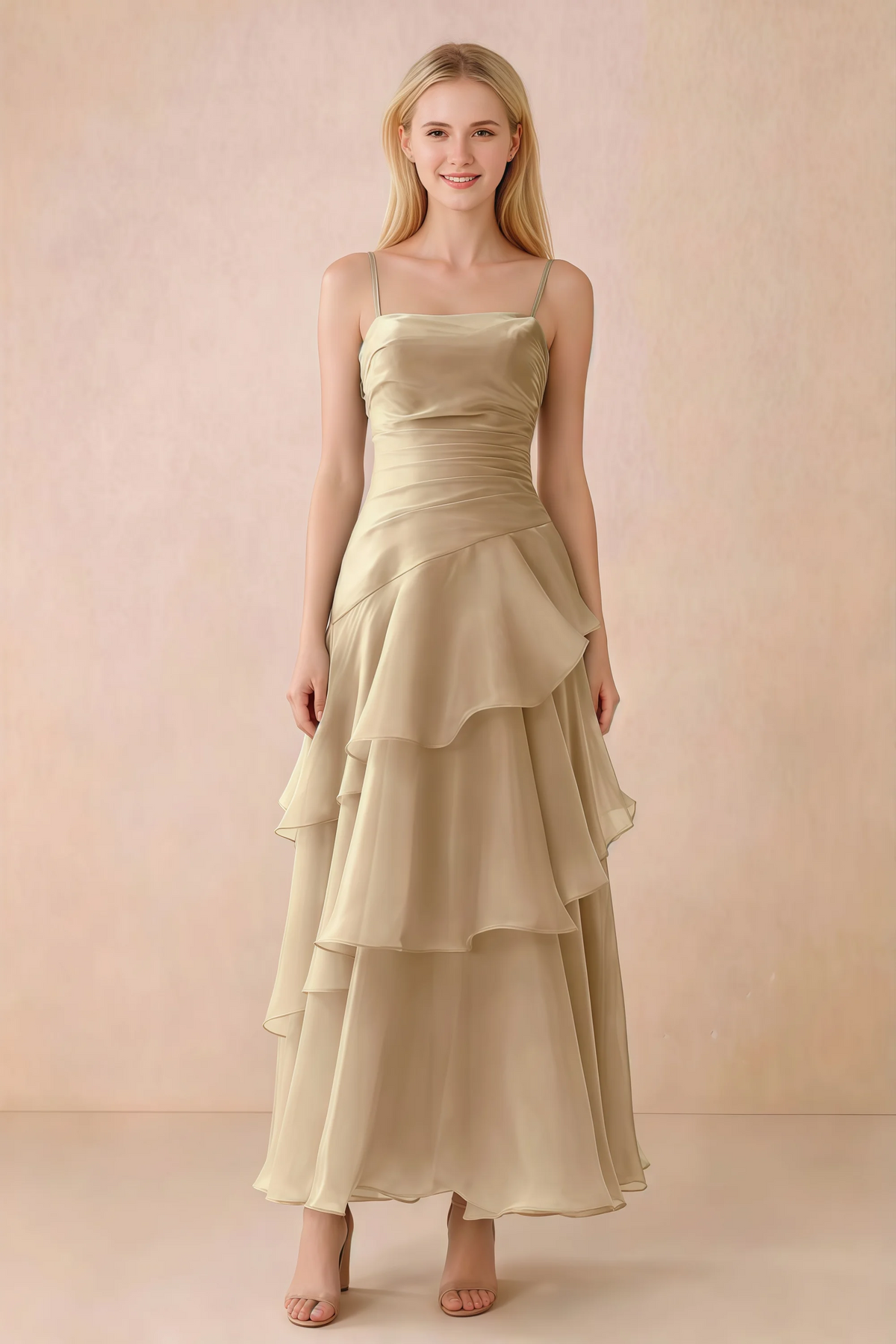 Front view of Ava champagne chiffon maxi dress with thin straps, a fitted bodice and cascading ruffle tiers