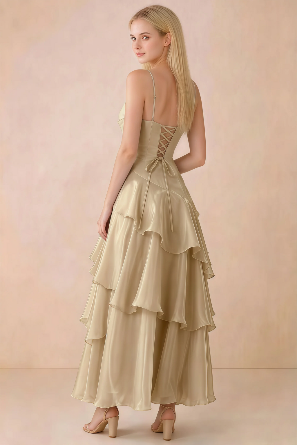 Back view of Ava champagne tiered ruffle dress showing fine shoulder straps and crossed back lacing