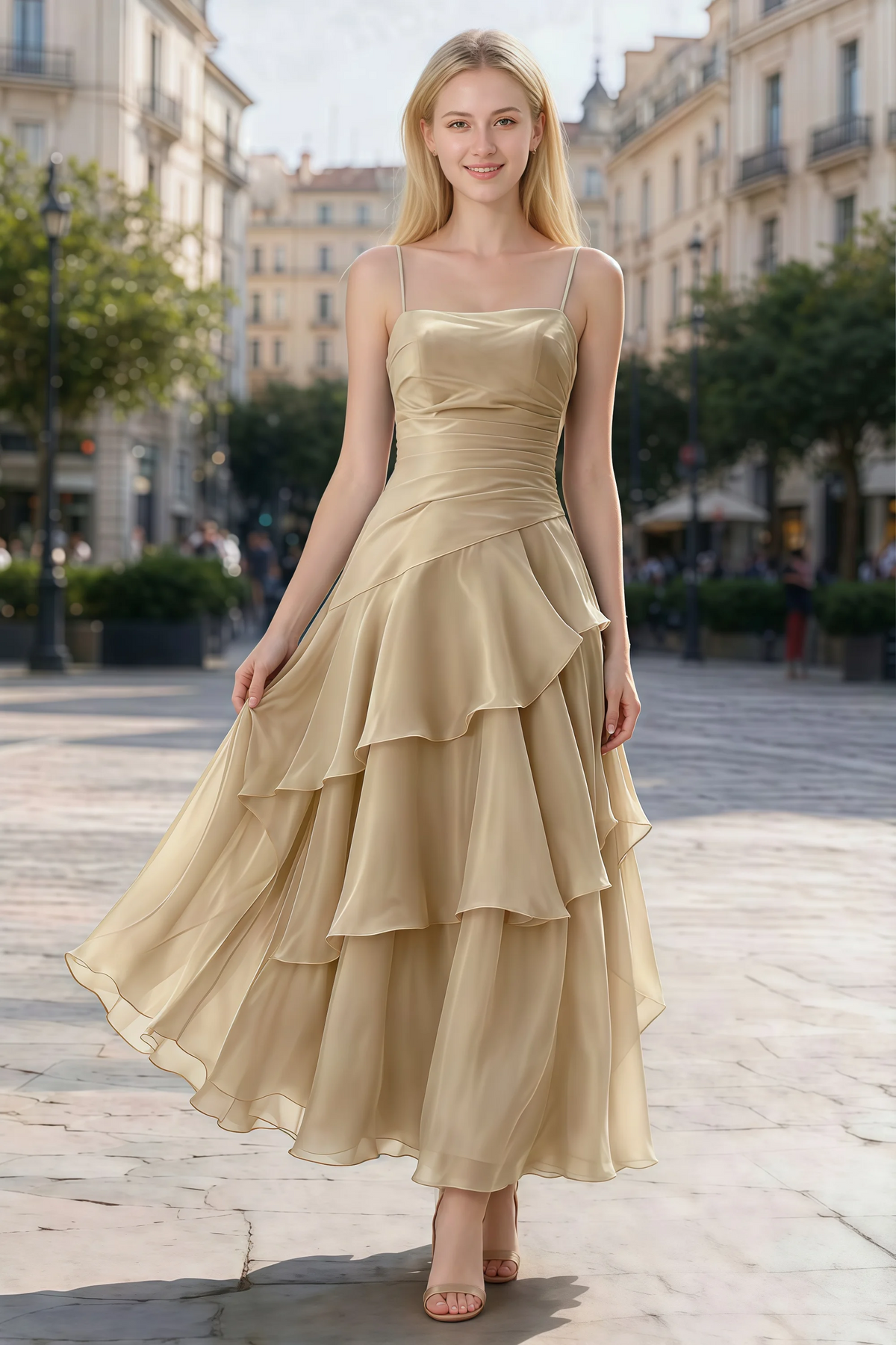 Ava champagne chiffon ruffle maxi dress shown from the front on a paved city walkway