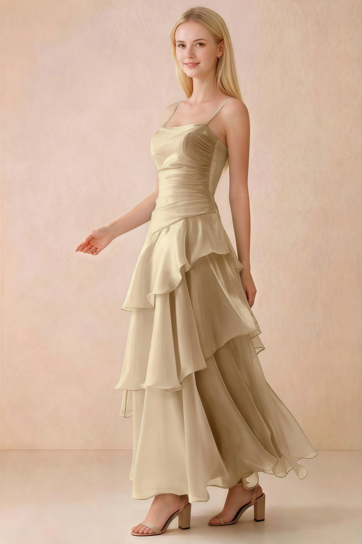 Side view of Ava champagne maxi dress showing the fitted waist and flared ruffle skirt