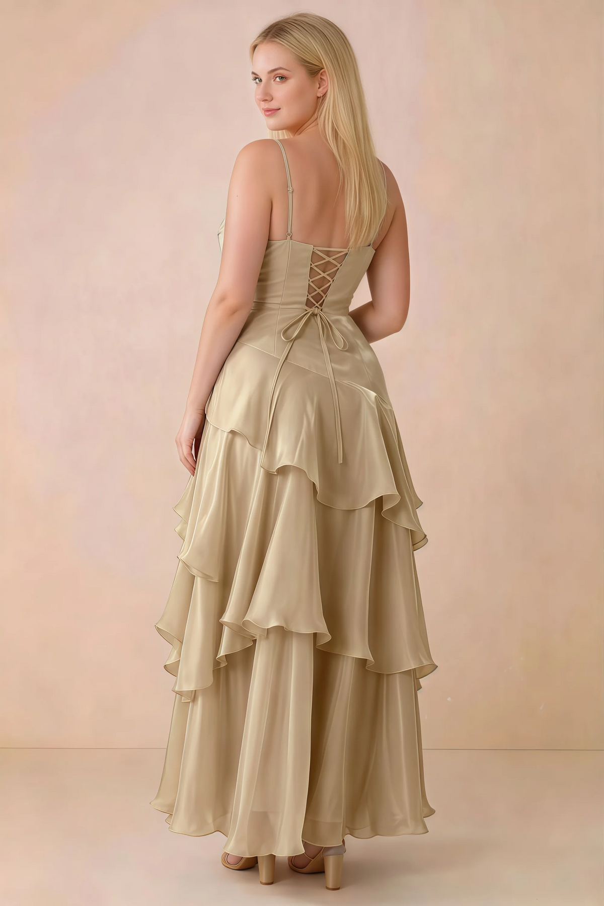 Rear studio view of Ava champagne maxi dress showing the lace-up bodice and long tiered skirt