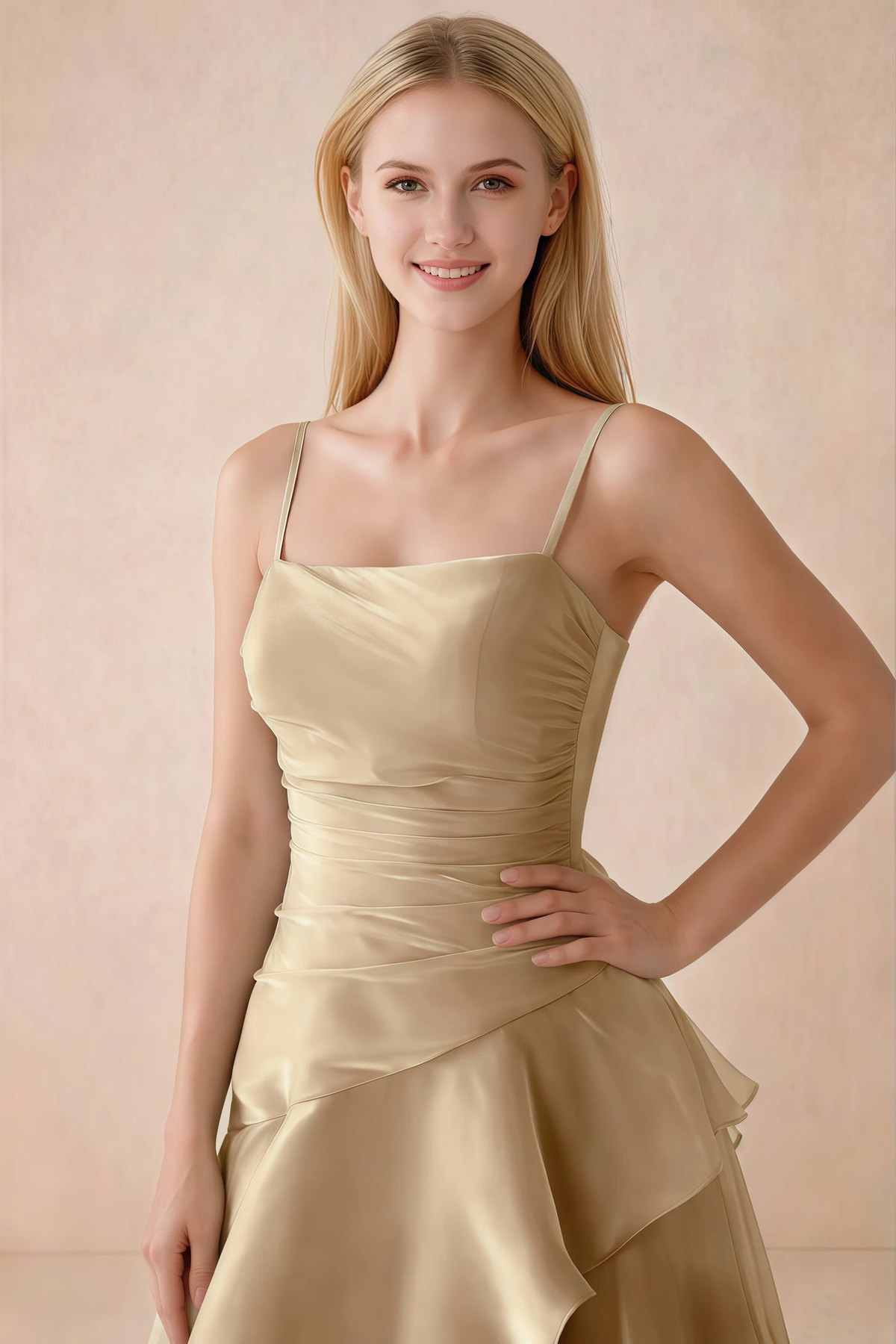 Close-up of Ava champagne straight neckline, spaghetti straps and softly pleated bodice