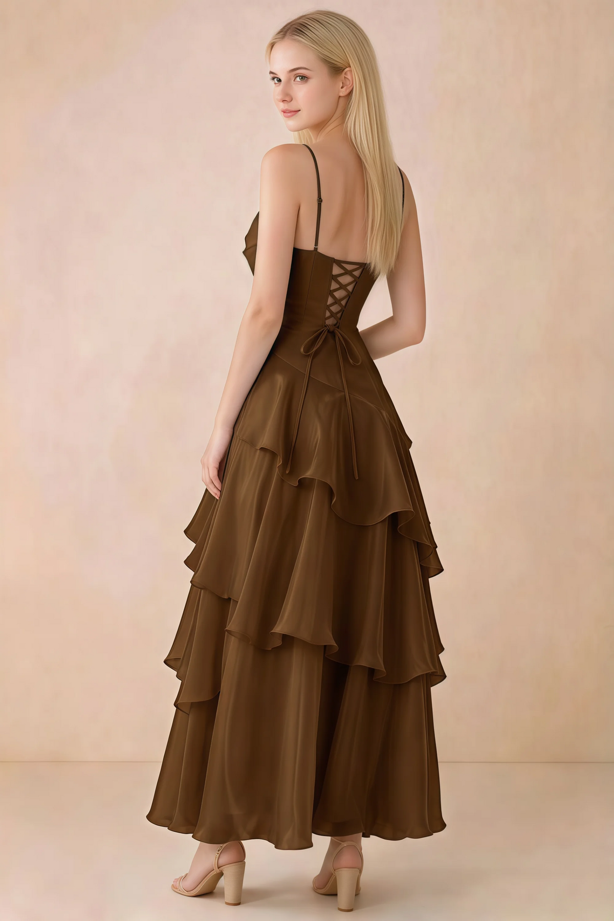 Back view of Ava chocolate brown tiered ruffle dress showing fine shoulder straps and crossed back lacing