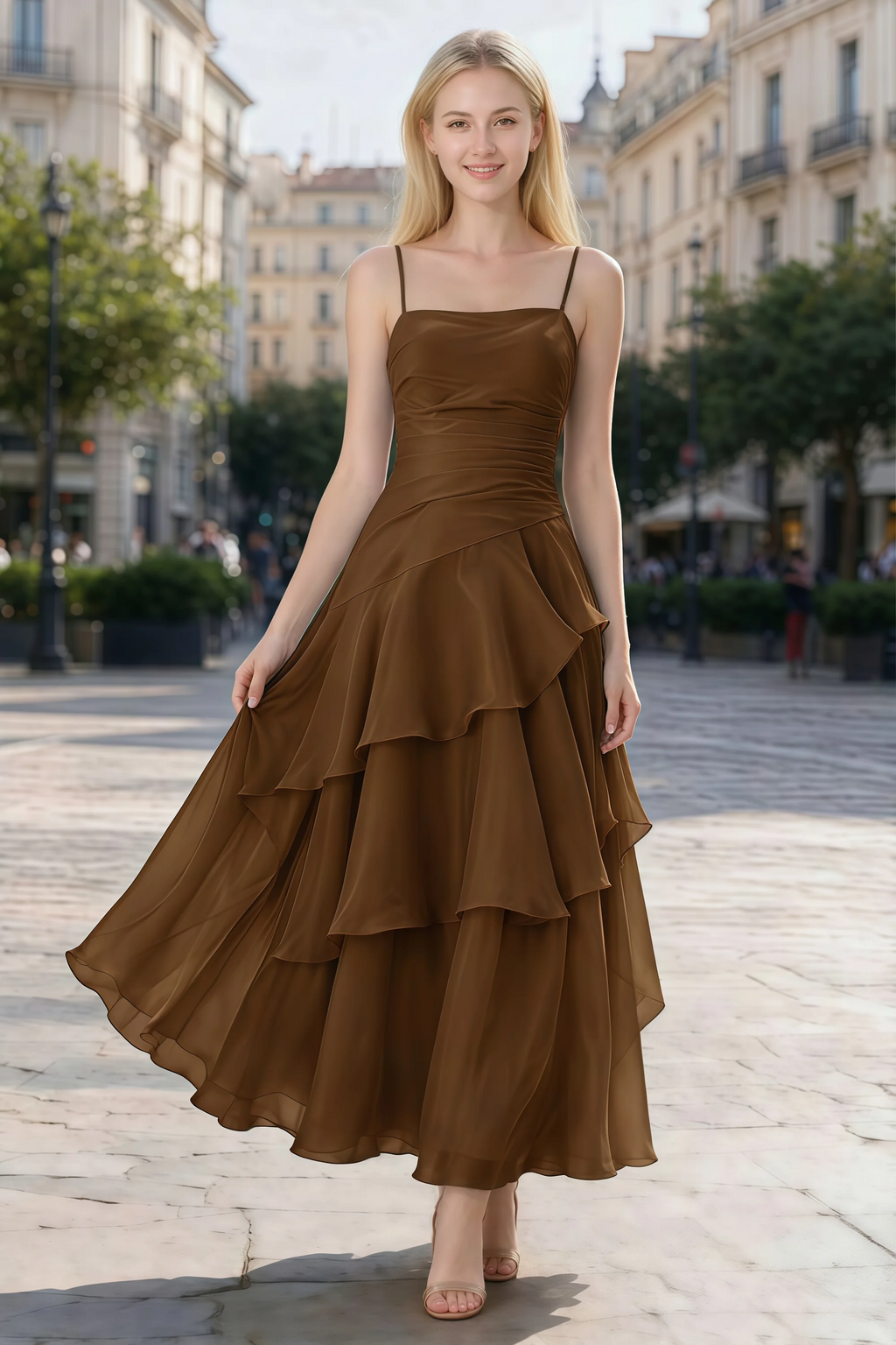 Ava chocolate brown chiffon ruffle maxi dress shown from the front on a paved city walkway
