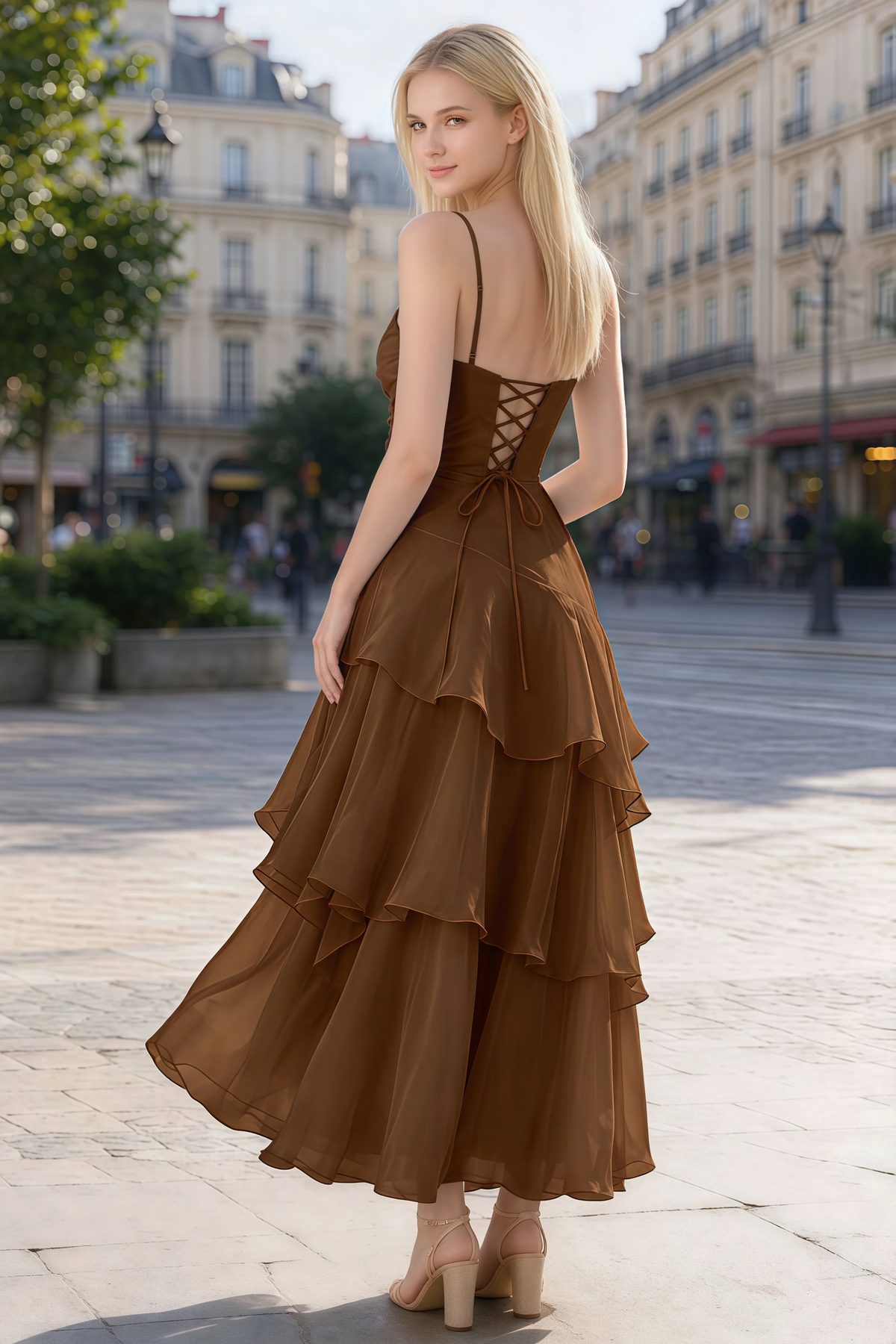 Rear outdoor view of Ava chocolate brown dress showing the lace-up back and layered skirt in motion