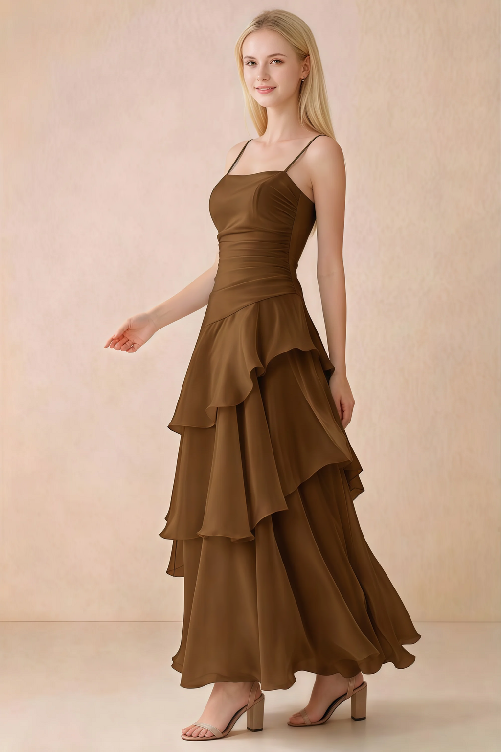 Side view of Ava chocolate brown maxi dress showing the fitted waist and flared ruffle skirt