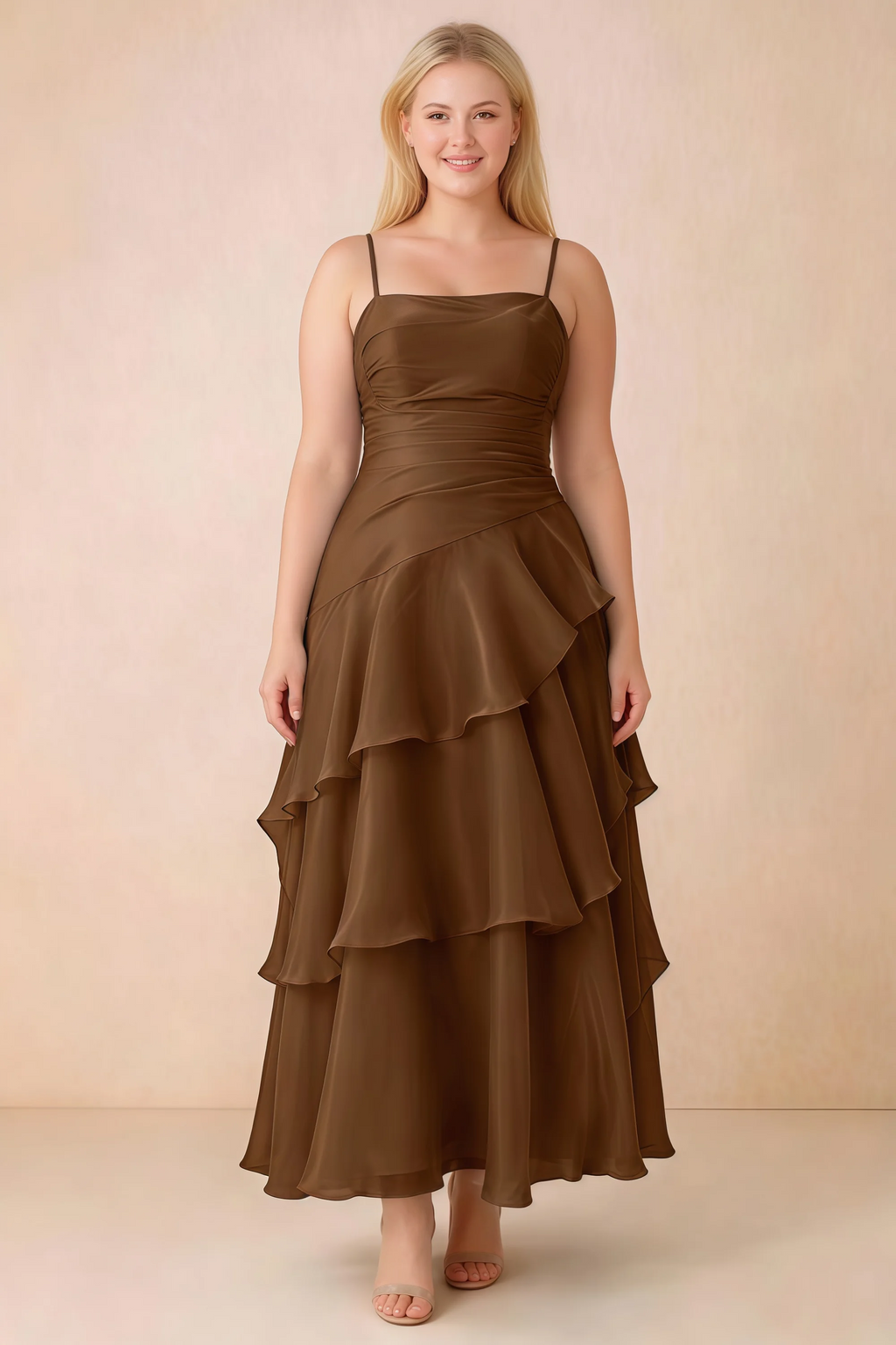 Front studio view of Ava chocolate brown ruffle dress with a straight neckline and gathered waist