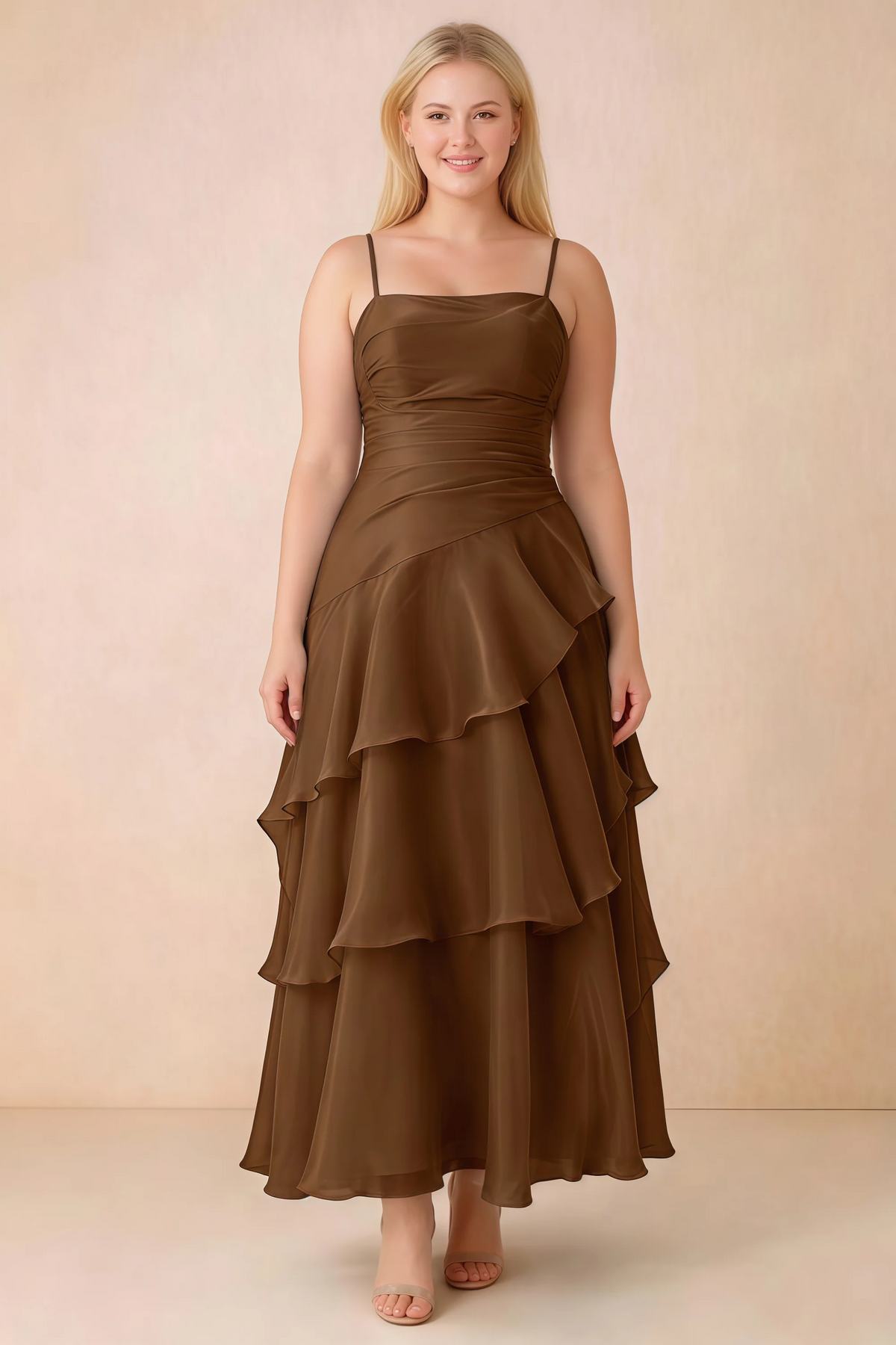 Front studio view of Ava chocolate brown ruffle dress with a straight neckline and gathered waist