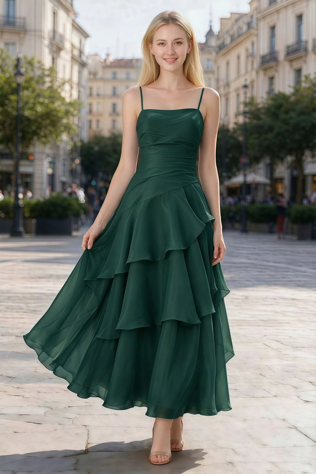 Ava dark green chiffon ruffle maxi dress shown from the front on a paved city walkway