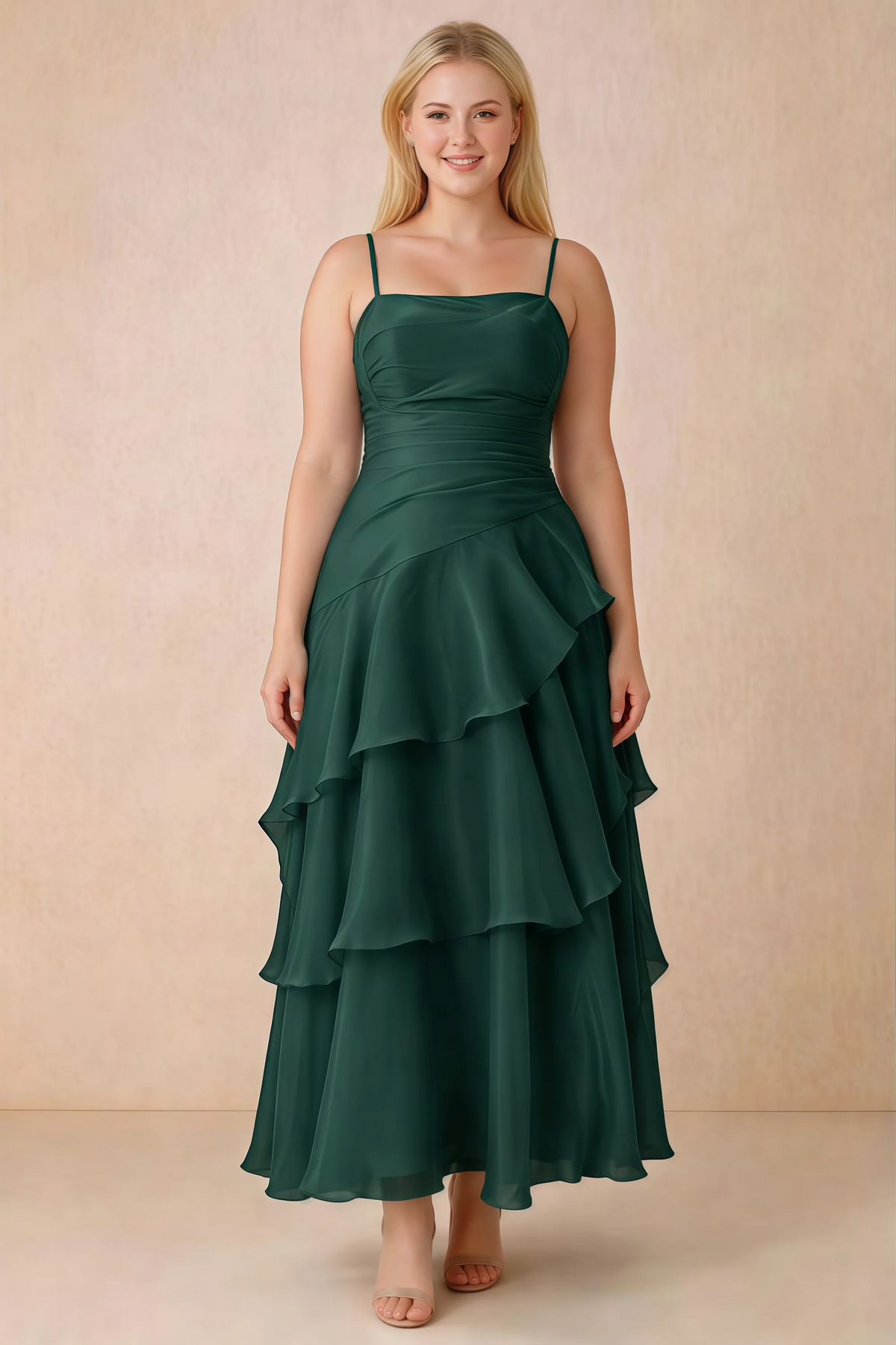 Front studio view of Ava dark green ruffle dress with a straight neckline and gathered waist