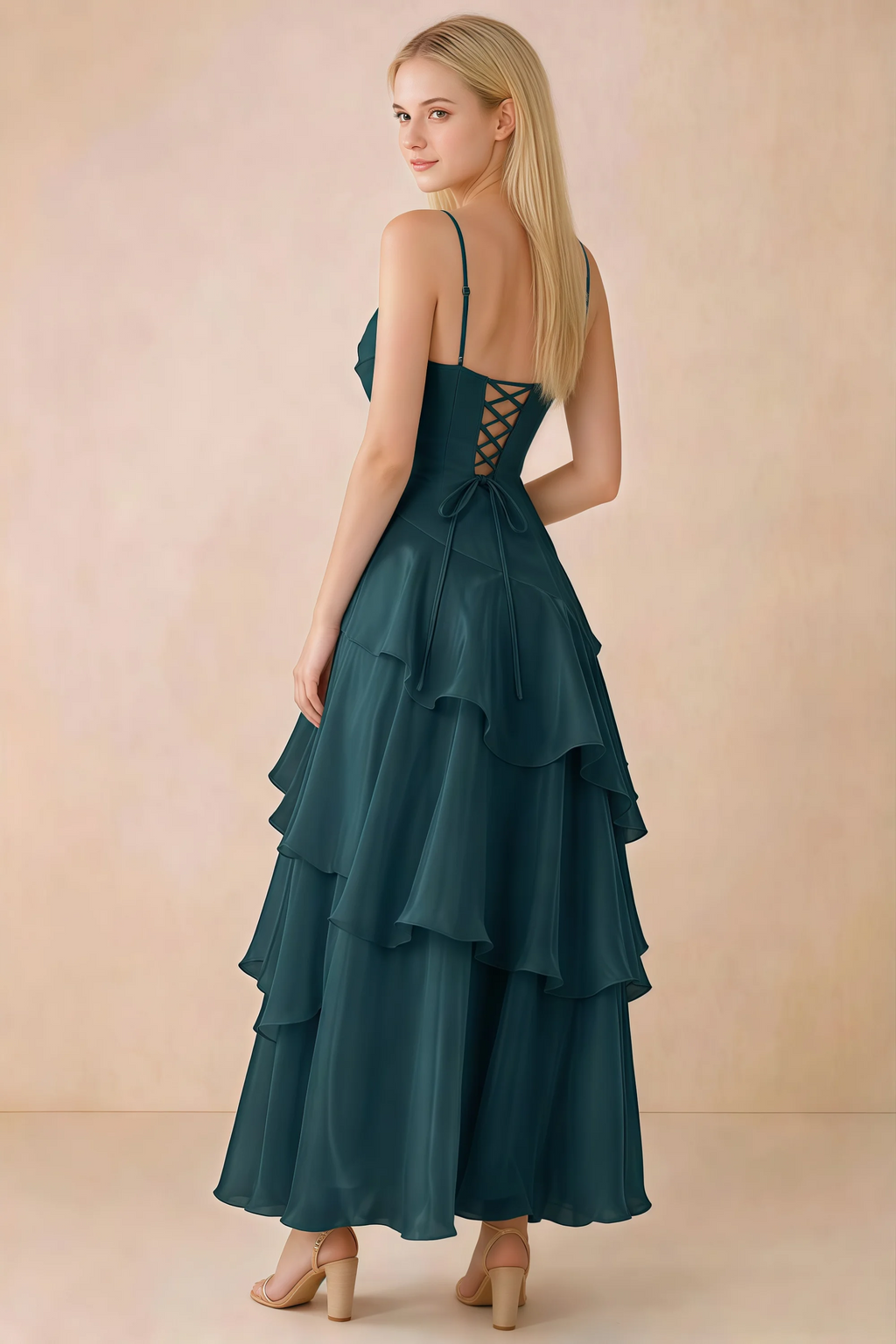 Back view of Ava emerald green tiered ruffle dress showing fine shoulder straps and crossed back lacing