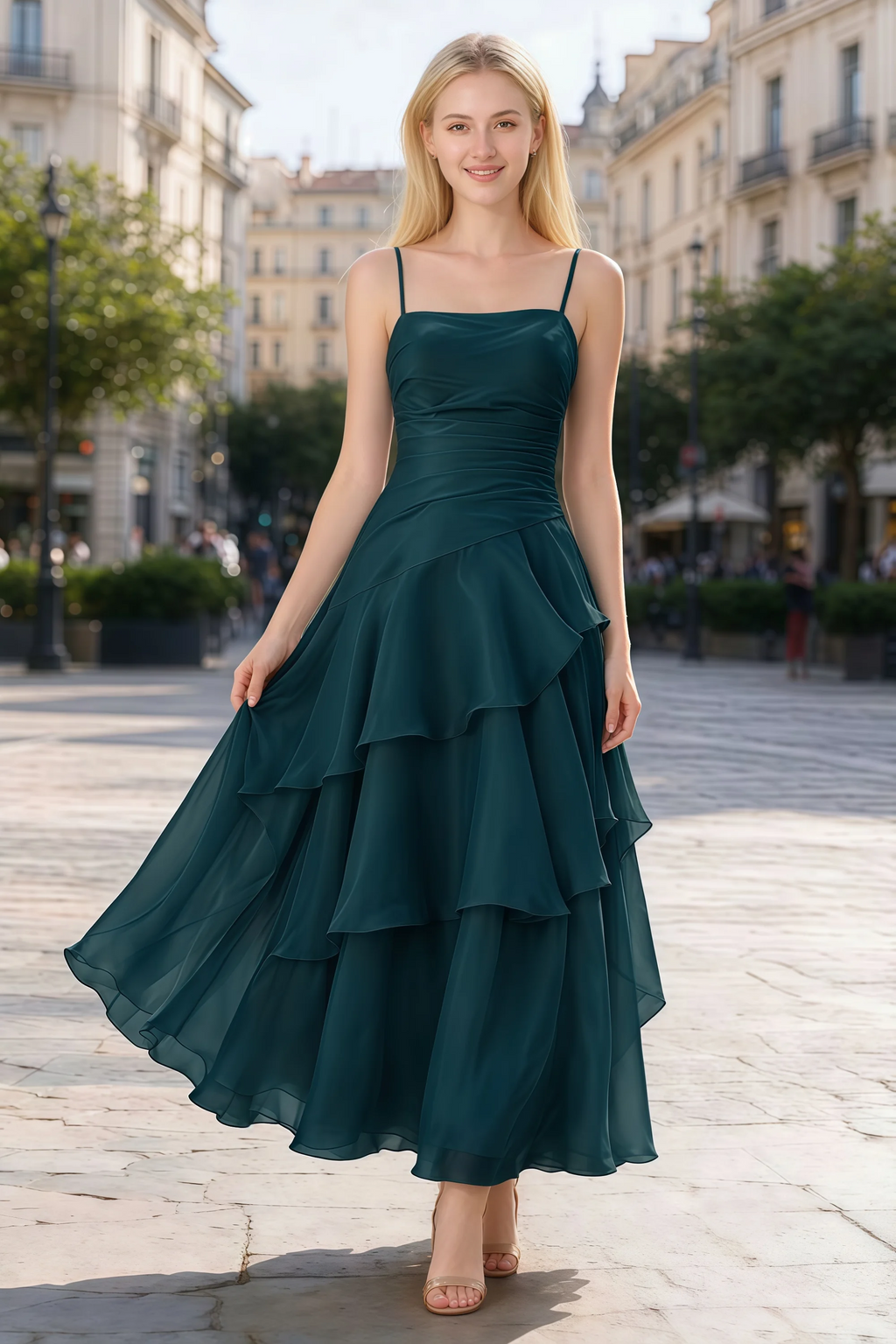 Ava emerald green chiffon ruffle maxi dress shown from the front on a paved city walkway