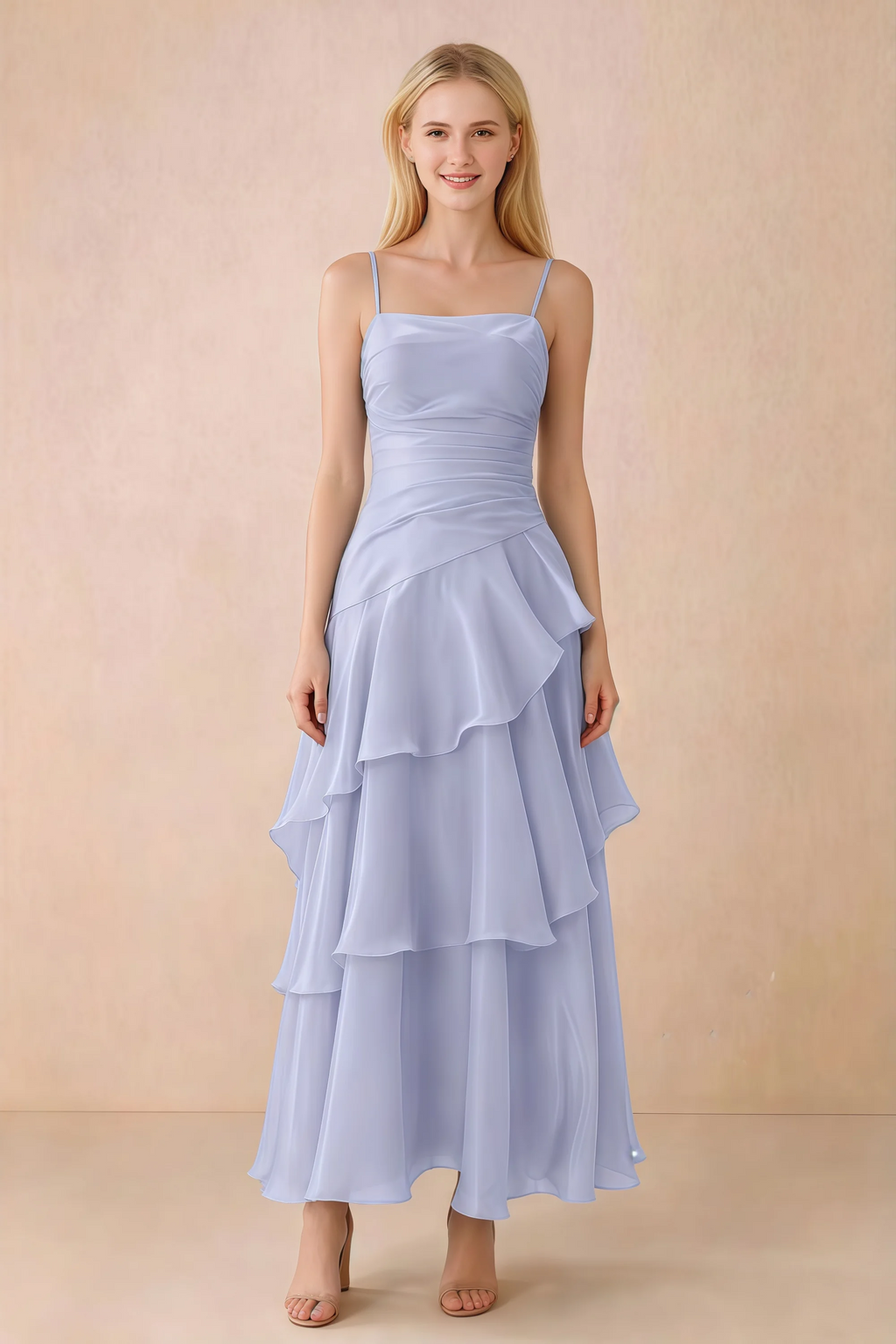 Front view of Ava lavender chiffon maxi dress with thin straps, a fitted bodice and cascading ruffle tiers