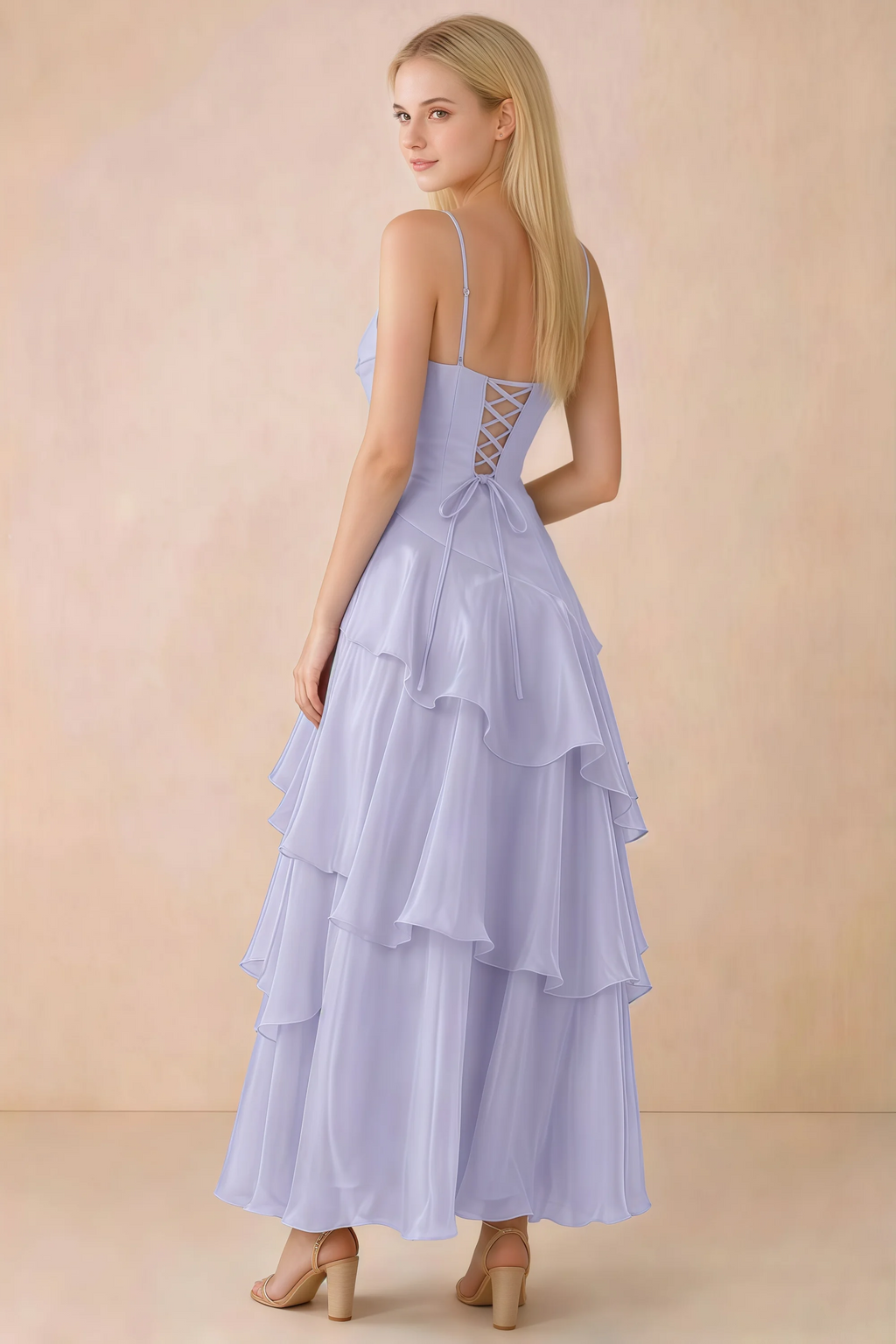 Back view of Ava lavender tiered ruffle dress showing fine shoulder straps and crossed back lacing