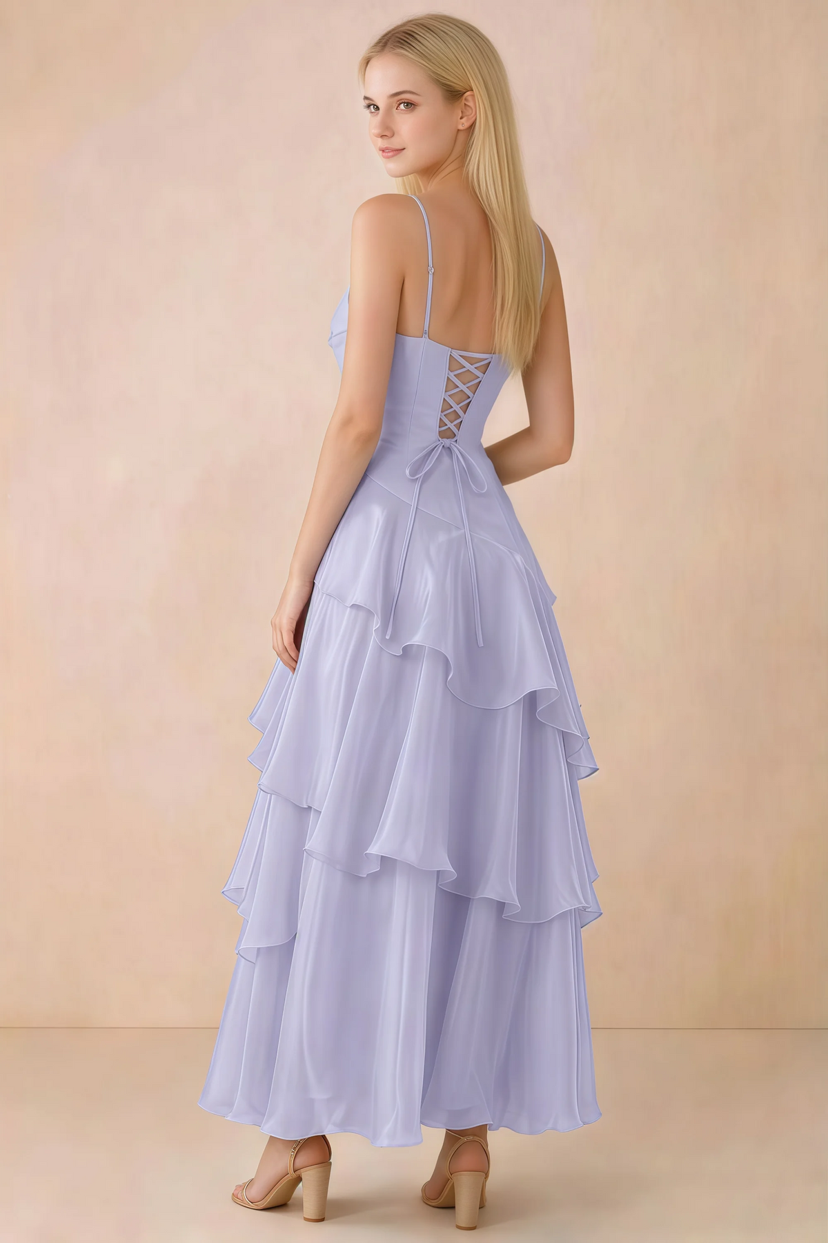 Back view of Ava lavender tiered ruffle dress showing fine shoulder straps and crossed back lacing