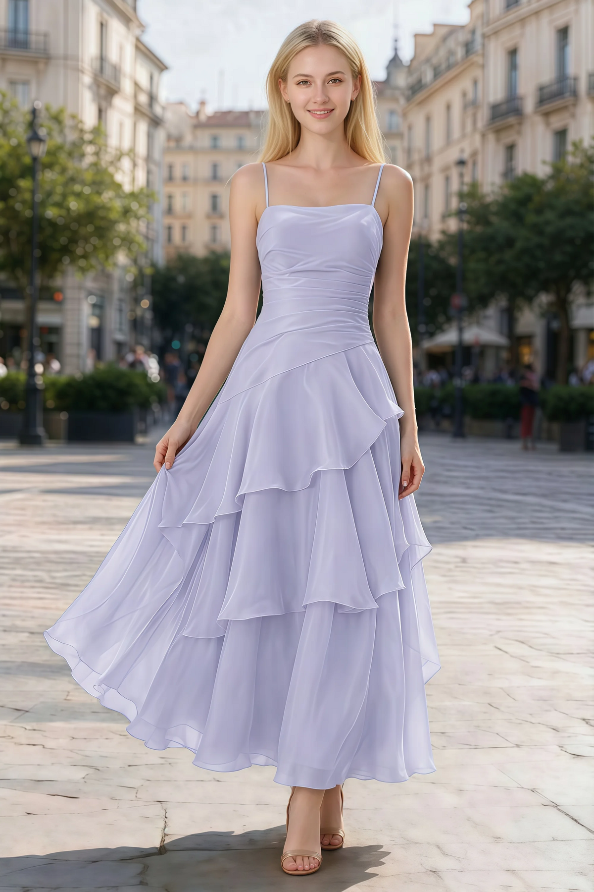 Ava lavender chiffon ruffle maxi dress shown from the front on a paved city walkway