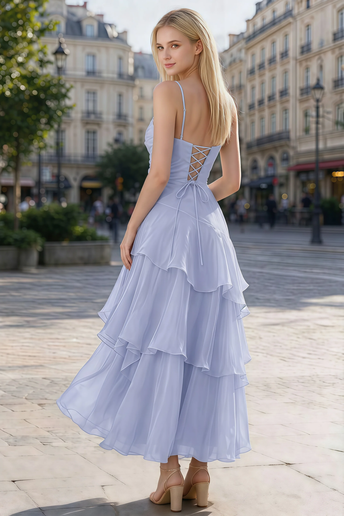 Rear outdoor view of Ava lavender dress showing the lace-up back and layered skirt in motion